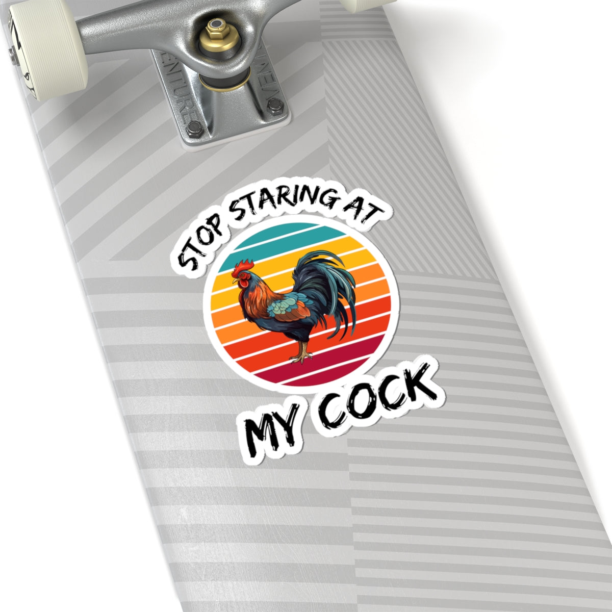 Colorful retro rooster vinyl sticker on skateboard deck stop staring at my cock adult meme sticker