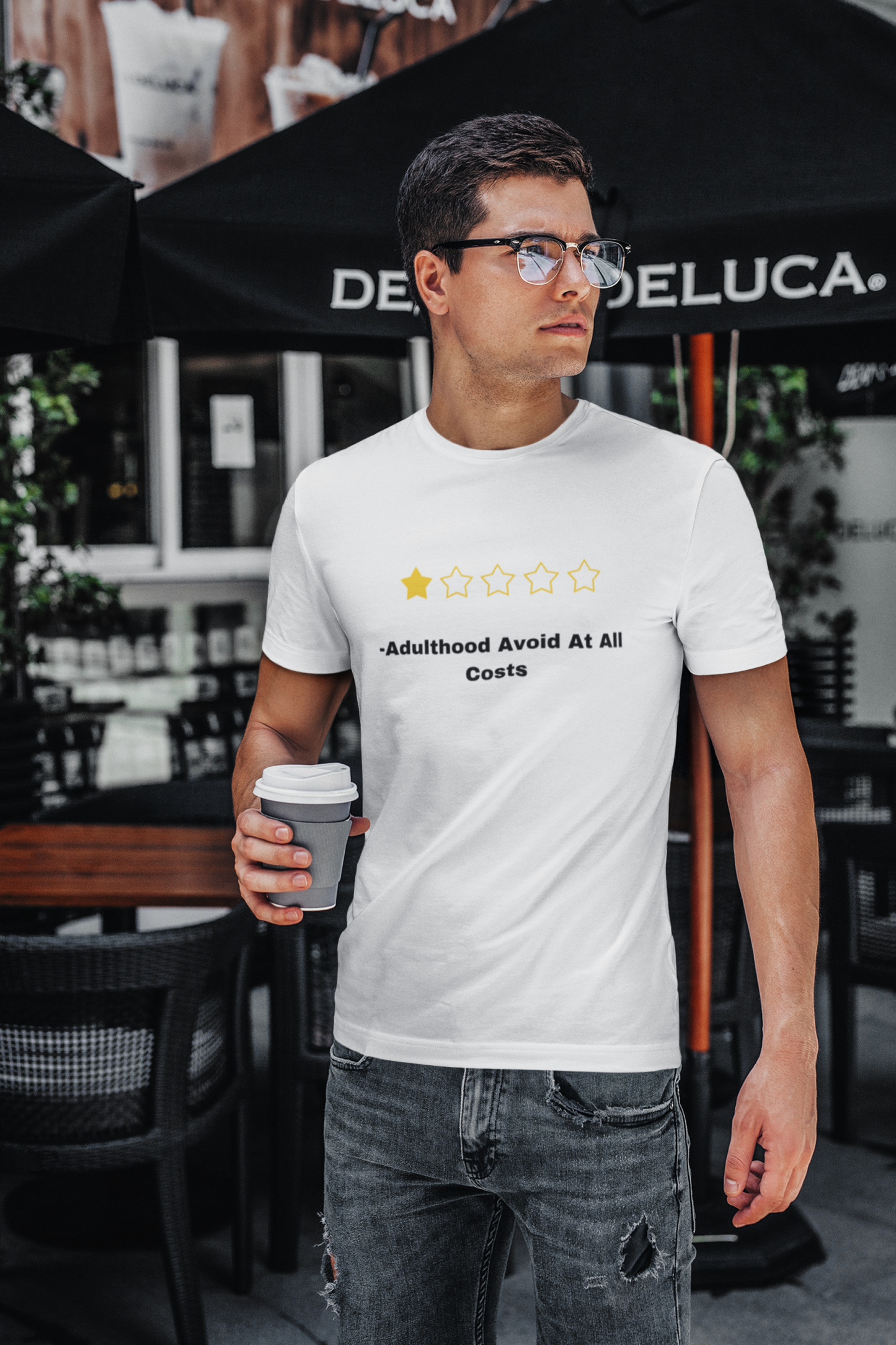 Printify white mens tee funny adulthood review t shirt showing one yellow star rating and Adulthood Avoid At All Costs text