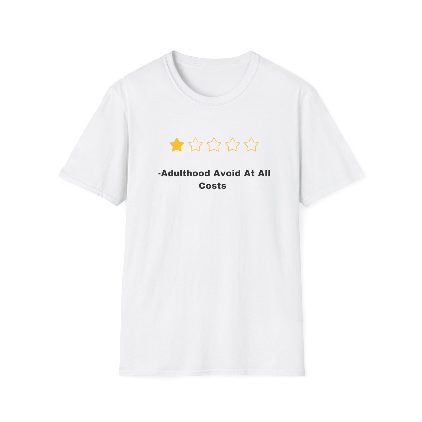 Printify white T shirt with one gold star rating and Adulthood Avoid At All Costs text funny adulthood review t shirt