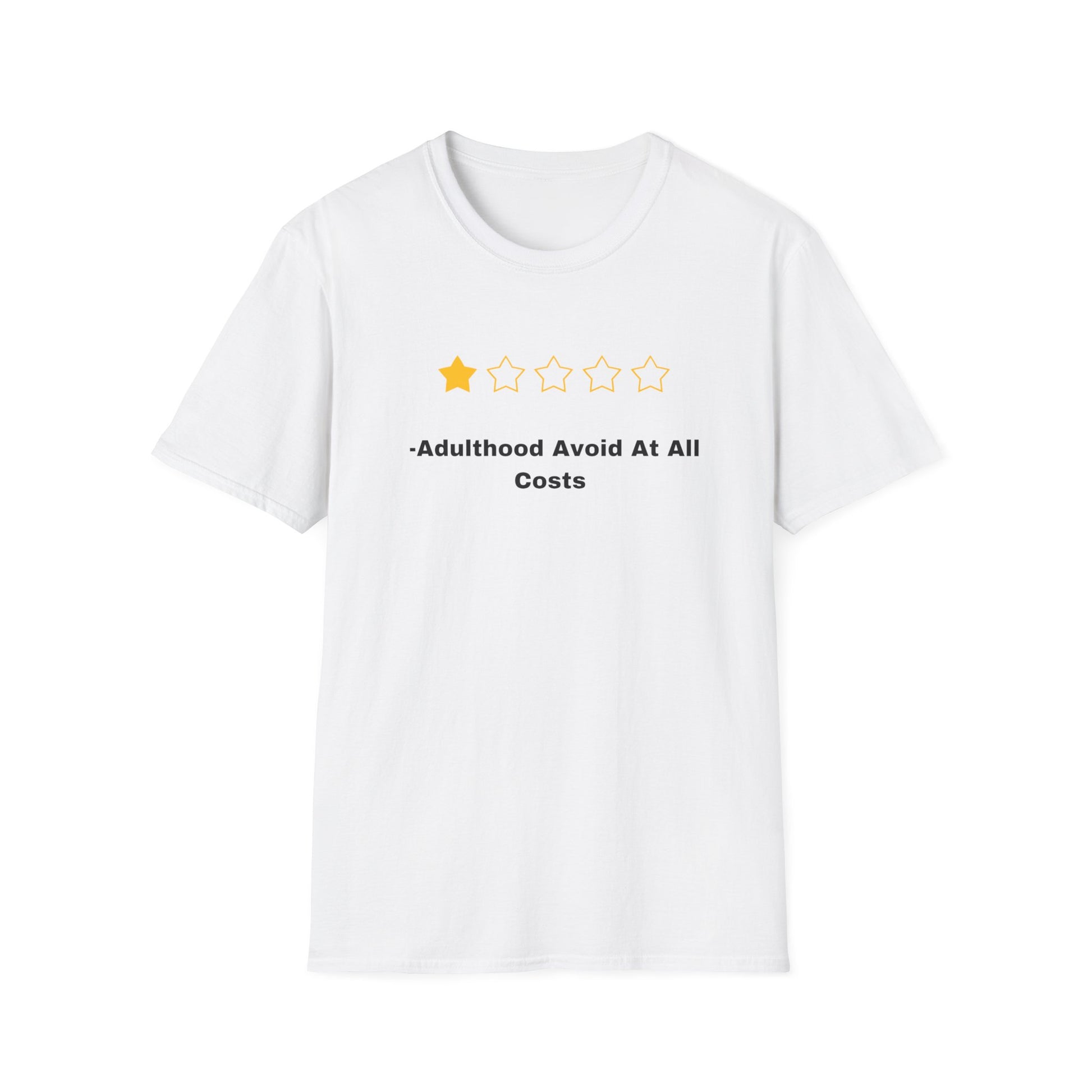 Printify white T shirt with one gold star rating and Adulthood Avoid At All Costs text funny adulthood review t shirt