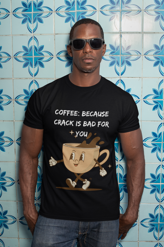 Man wearing Printify black t shirt with cartoon coffee cup design and text coffee because crack is bad for you shirt