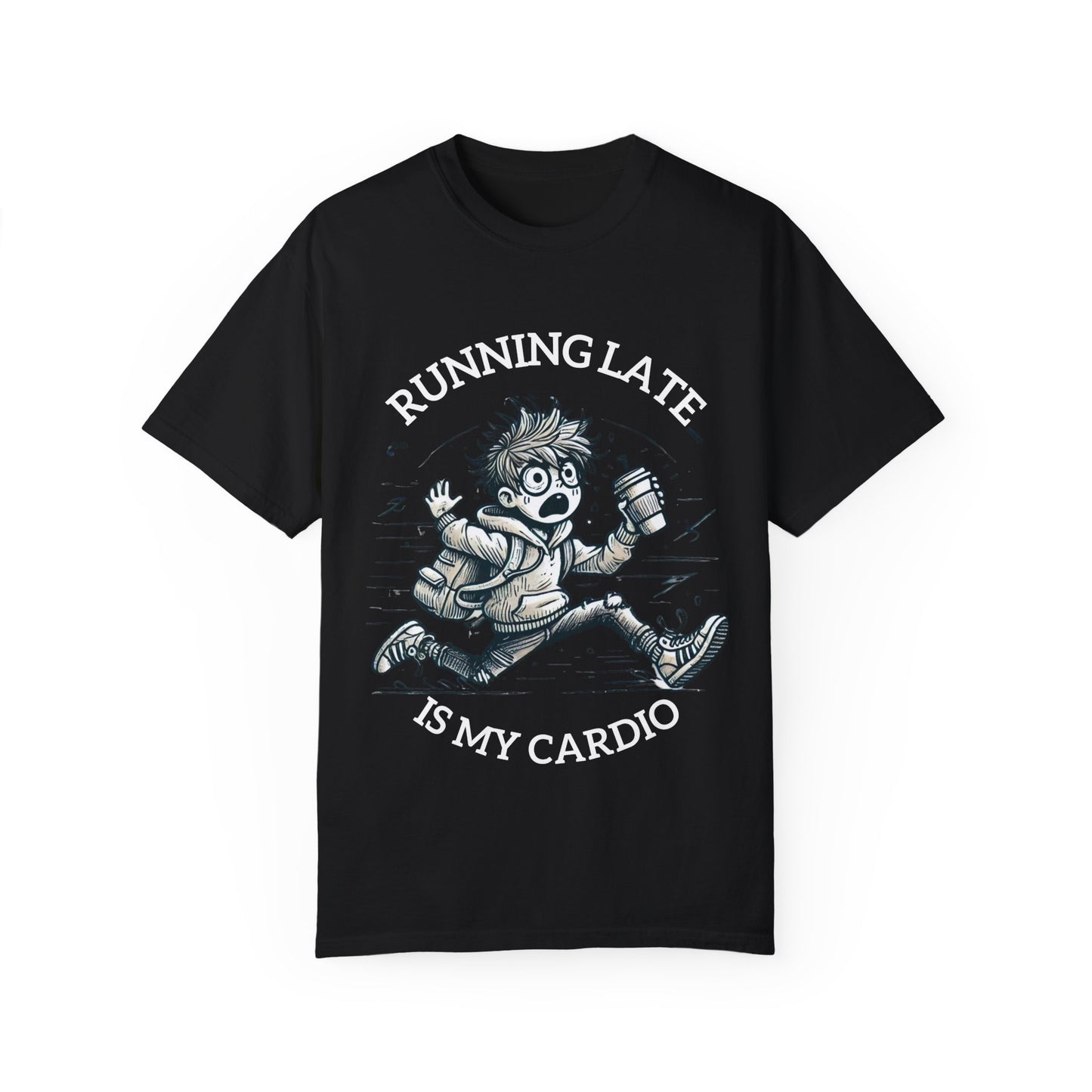 Black funny running late t-shirt with cartoon runner holding coffee and backpack caption Running Late Is My Cardio