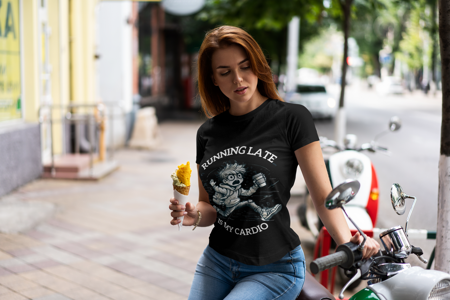 Woman on scooter wearing black funny running late t-shirt holding ice cream cone casual streetwear Printify