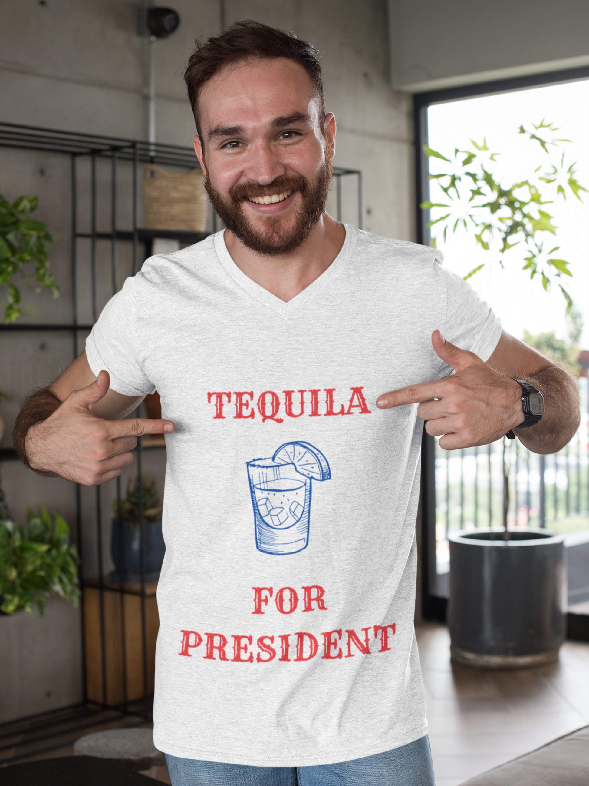 Smiling bearded man wearing Printify white V neck tequila for president political humor  t-shirt with cocktail graphic