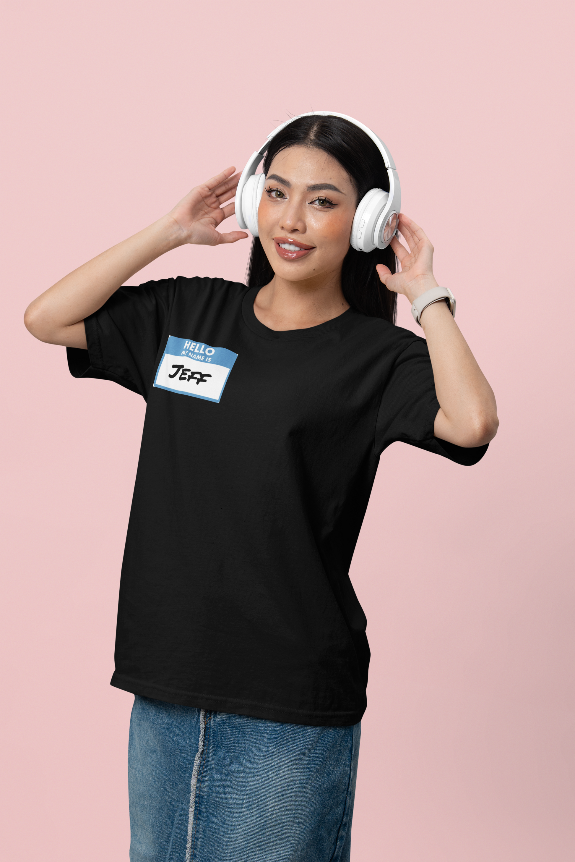 Black my name is Jeff unisex funny shirt worn by woman with headphones and denim skirt