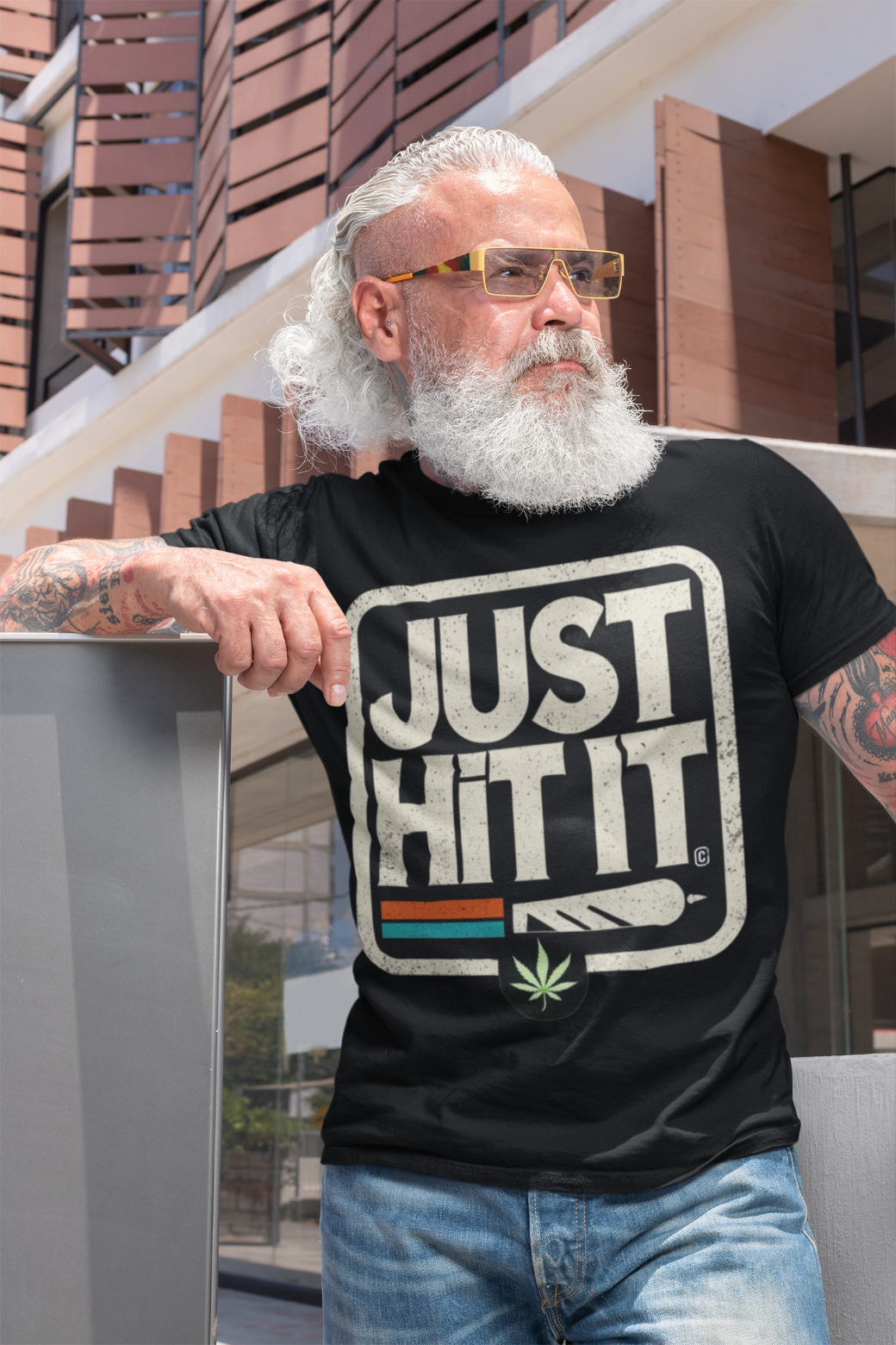 Bearded older man wearing black funny weed just do it meme  t-shirt with JUST HIT IT joint graphic