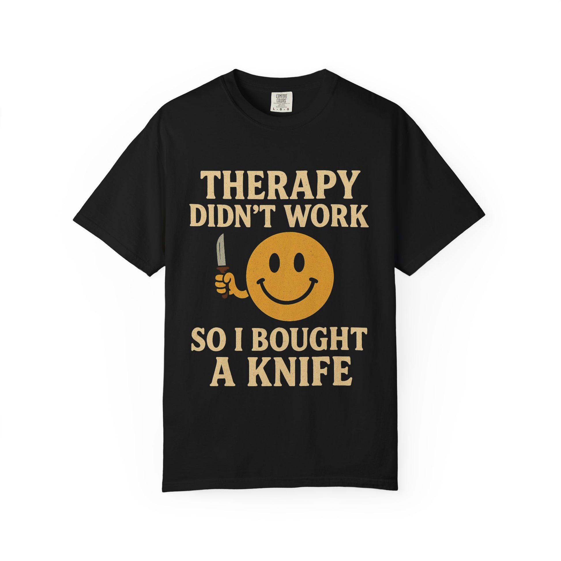 Printify black t shirt with vintage smiley holding a knife and text therapy didnt work therapy dark joke humor unisex  t shirt .