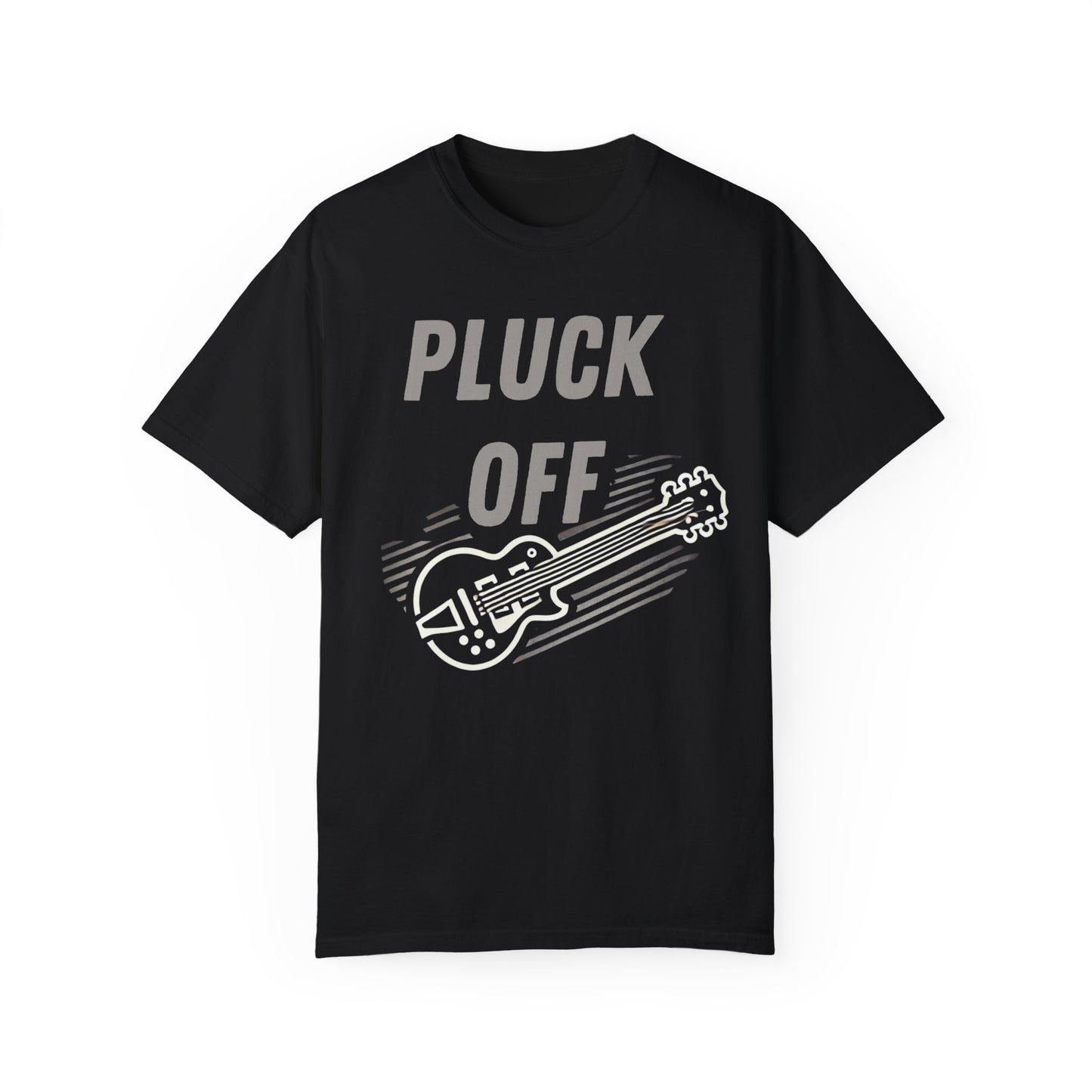 Black Printify t shirt with bold PLUCK OFF text and electric guitar graphic pluck off shirt for music lovers