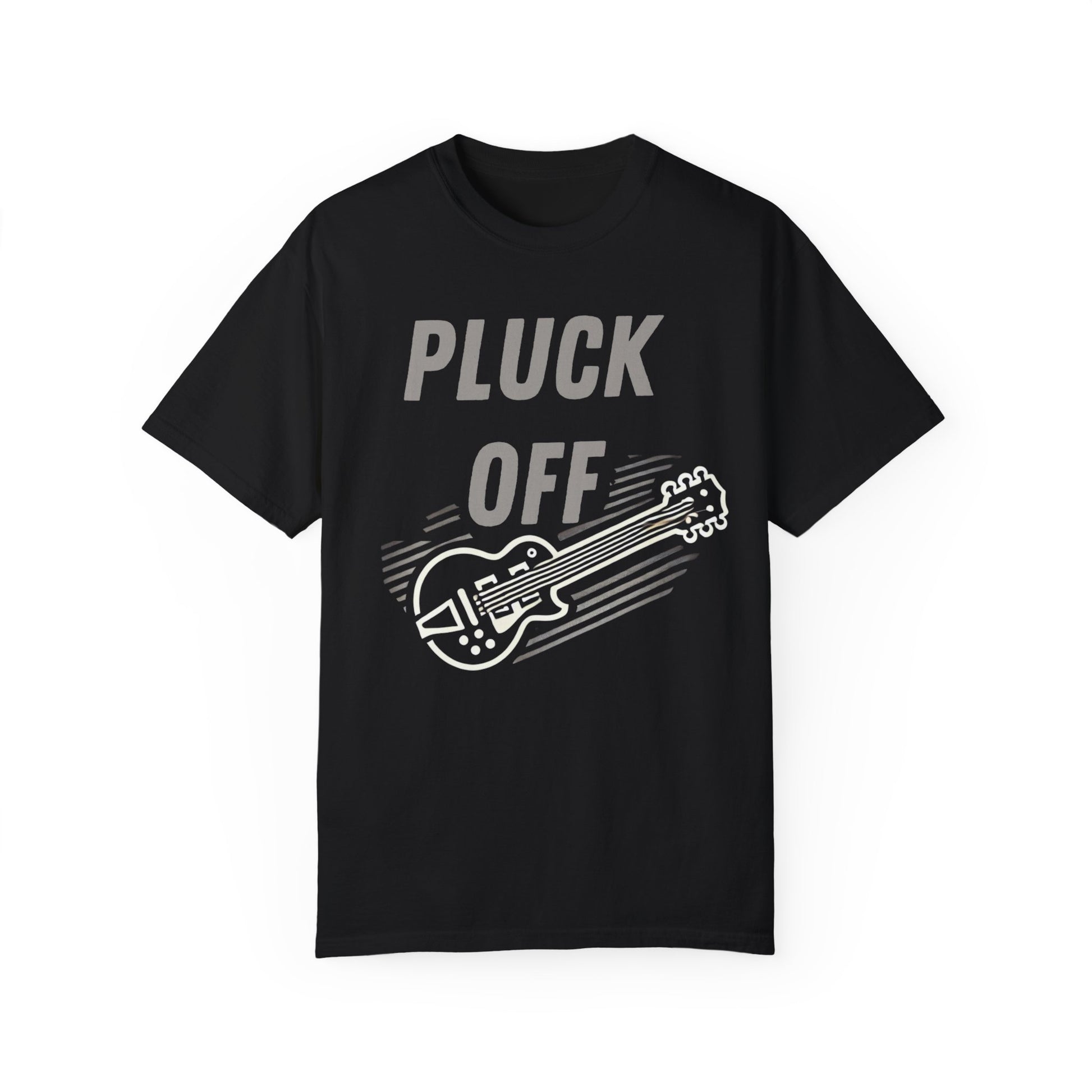 Black Printify t shirt with bold PLUCK OFF text and electric guitar graphic pluck off shirt for music lovers