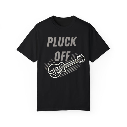 Black Printify t shirt with bold PLUCK OFF text and electric guitar graphic pluck off shirt for music lovers