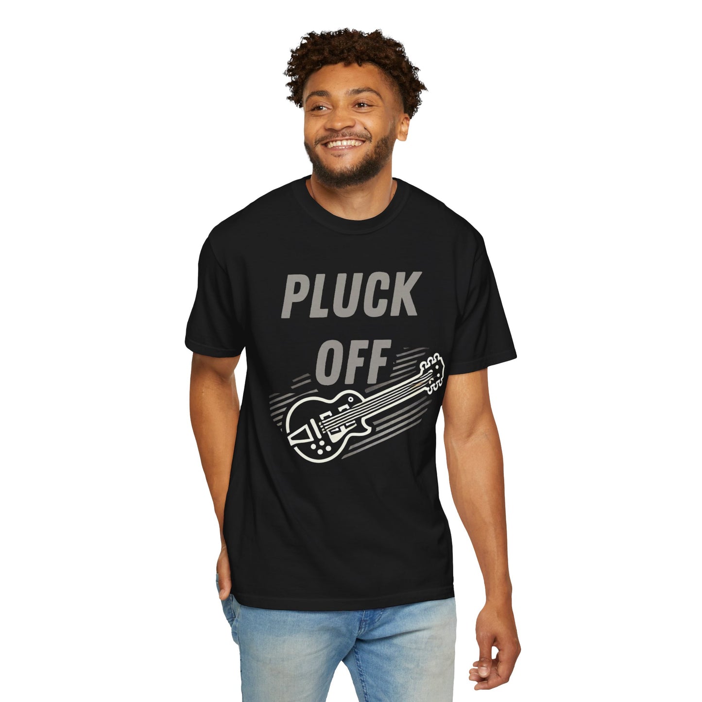 Printify black t shirt with PLUCK OFF guitar graphic worn by smiling male model pluck off shirt for music lovers