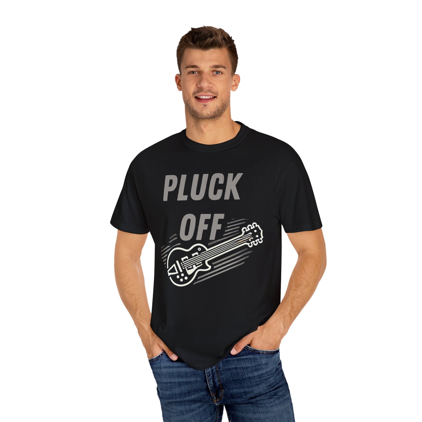 Printify black t shirt with PLUCK OFF and electric guitar print on front pluck off shirt for music lovers