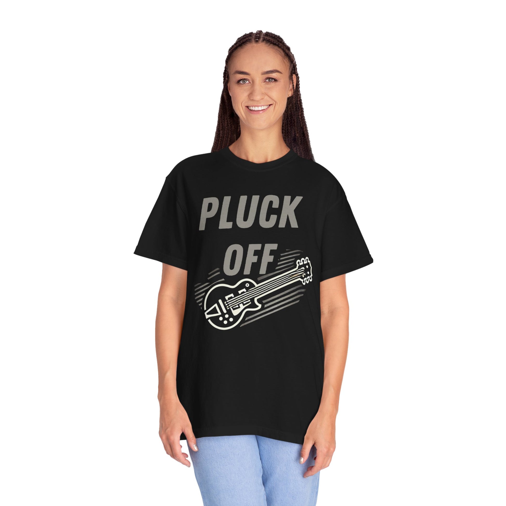 Printify black t shirt with PLUCK OFF guitar graphic worn by smiling woman pluck off shirt for music lovers