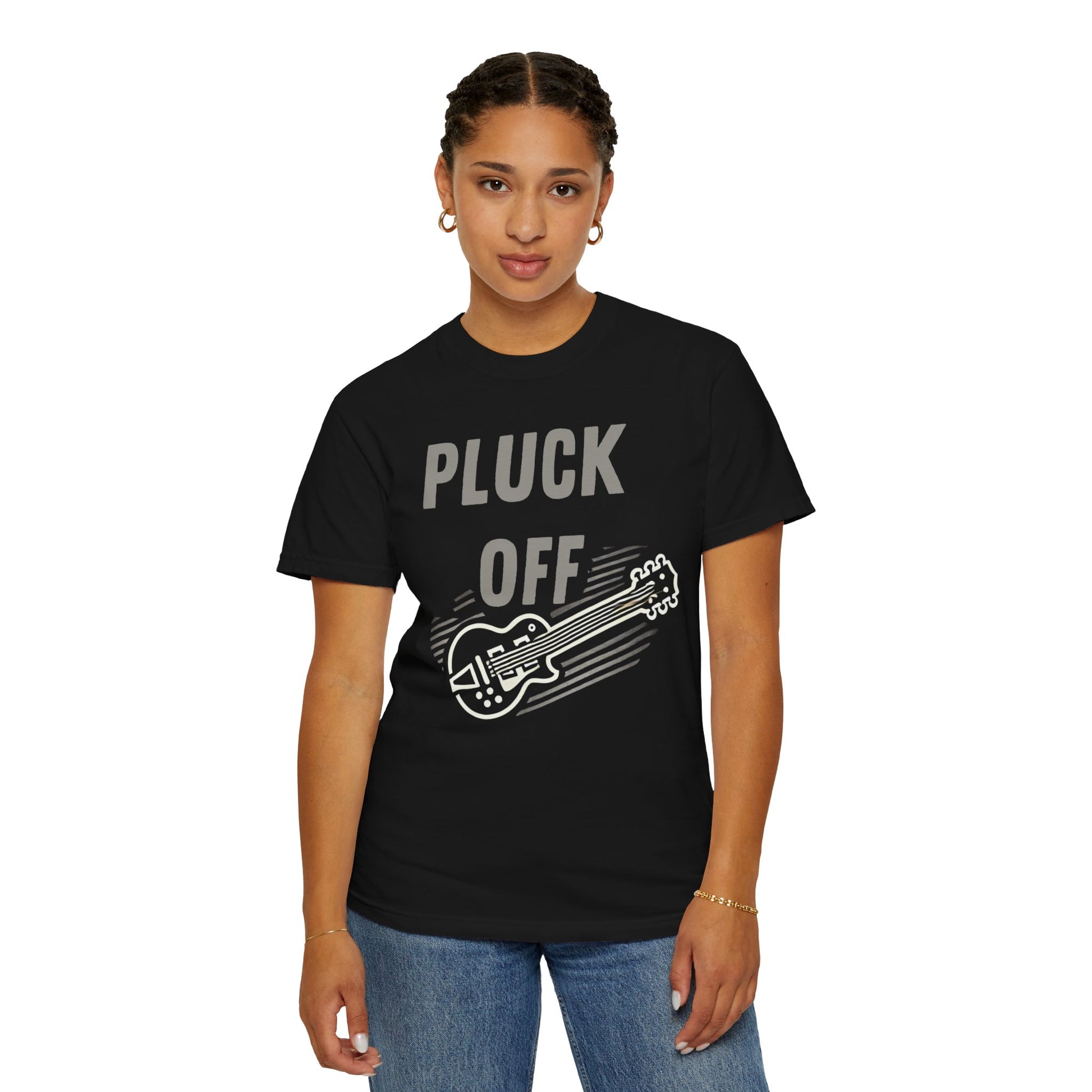 Printify black t shirt with PLUCK OFF text and electric guitar graphic worn by a model pluck off shirt for music lovers