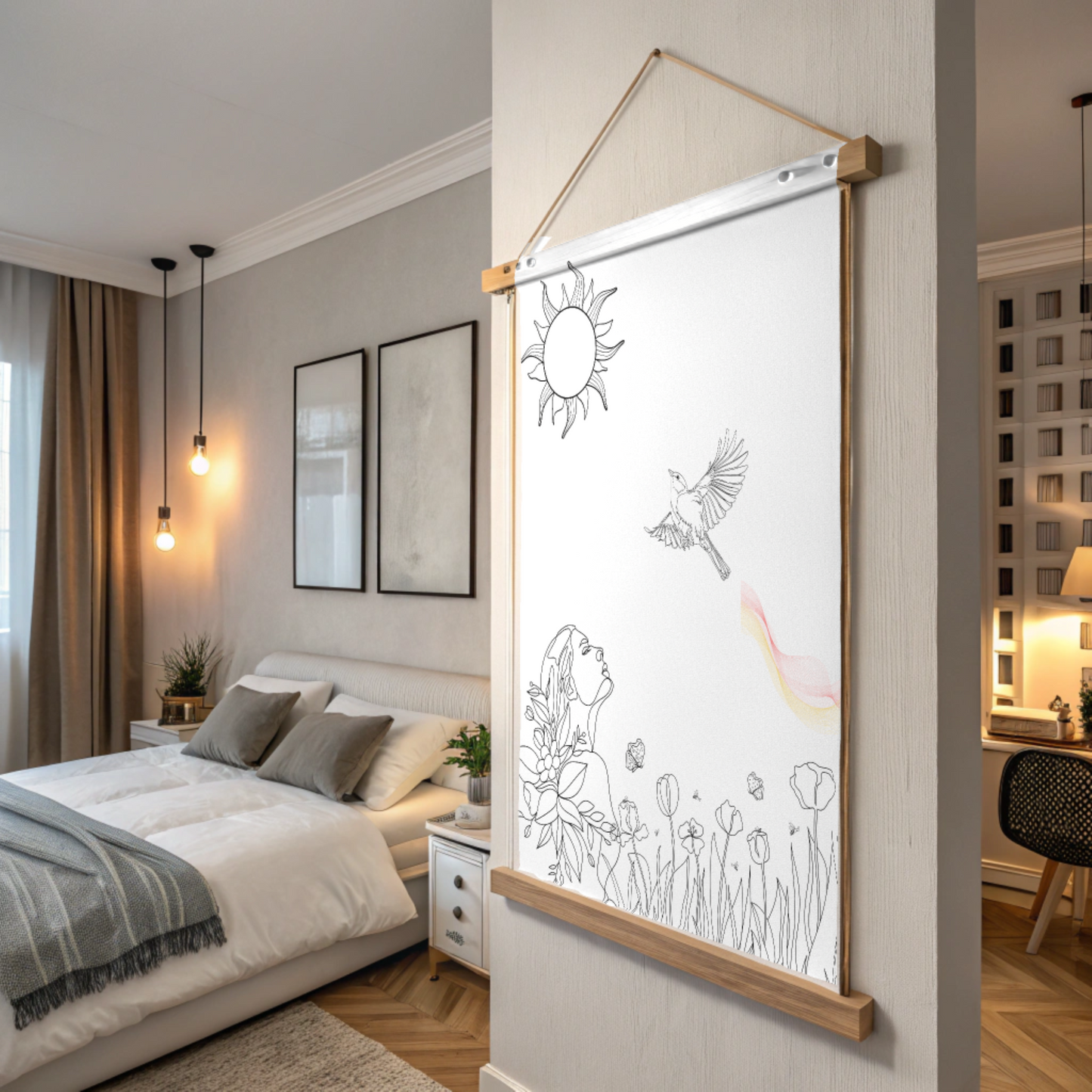 Healing line art canvas print by Printify featuring sun, bird, and flower designs hanging in a modern bedroom