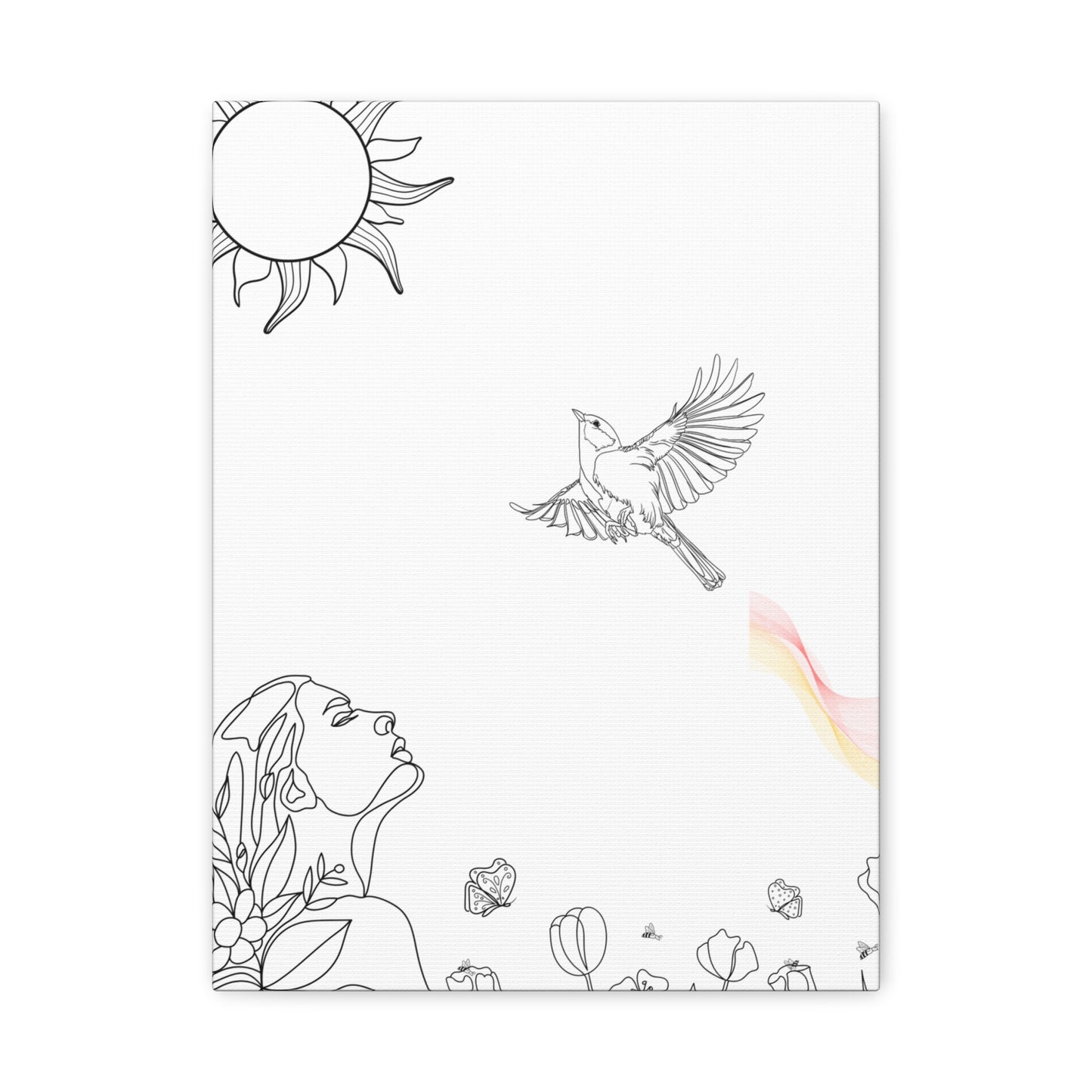 Printify healing line art canvas print of woman looking at bird with sun and floral details