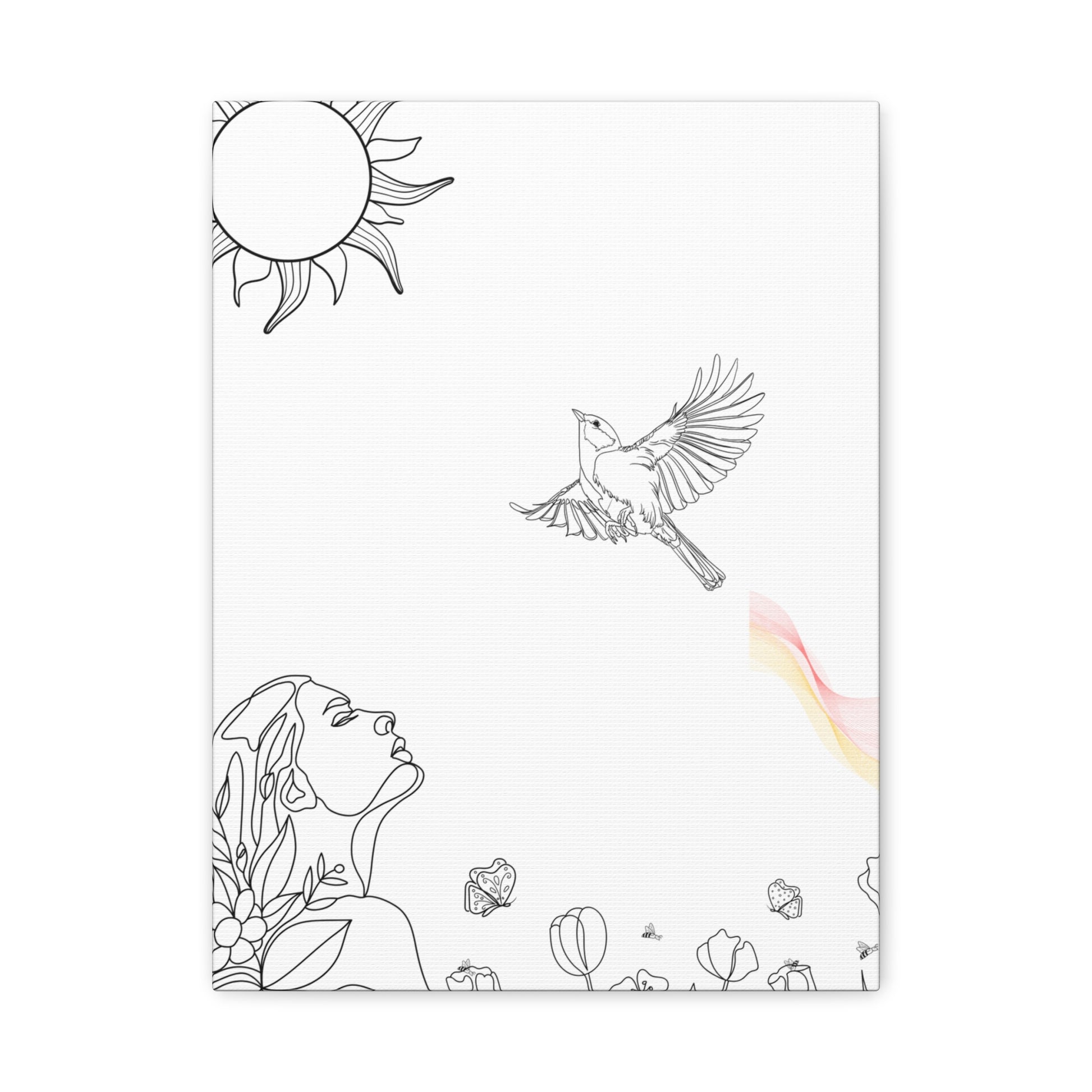 Printify healing line art canvas print of woman looking at bird with sun and floral details