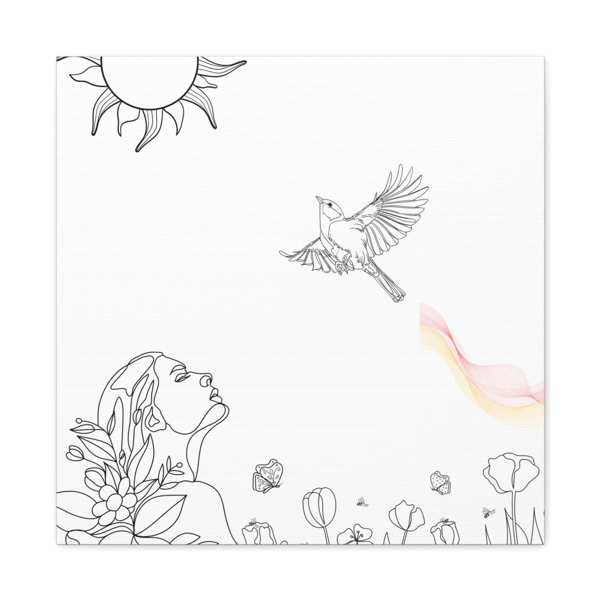 Healing line art canvas print by Printify with minimalistic woman, bird, sun, and floral design