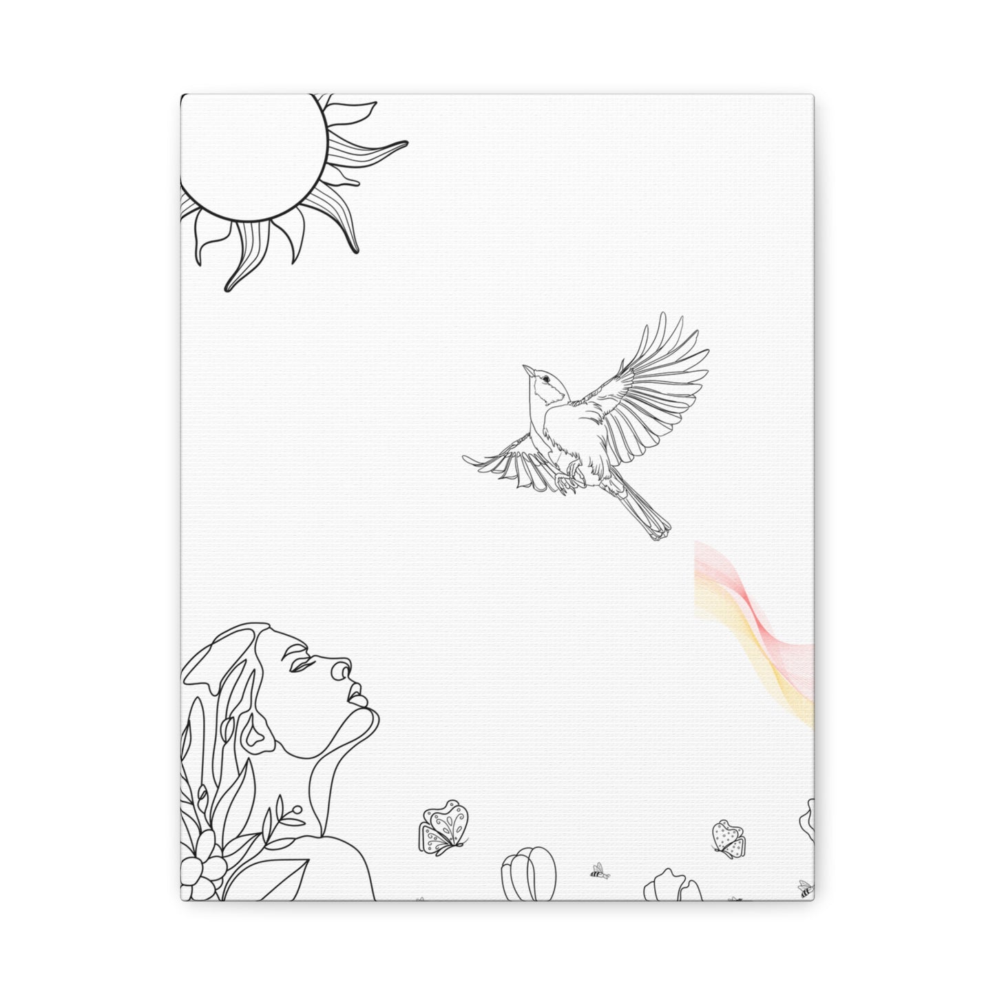 Healing line art canvas print featuring a woman looking up at a bird with a sun in the corner and floral details