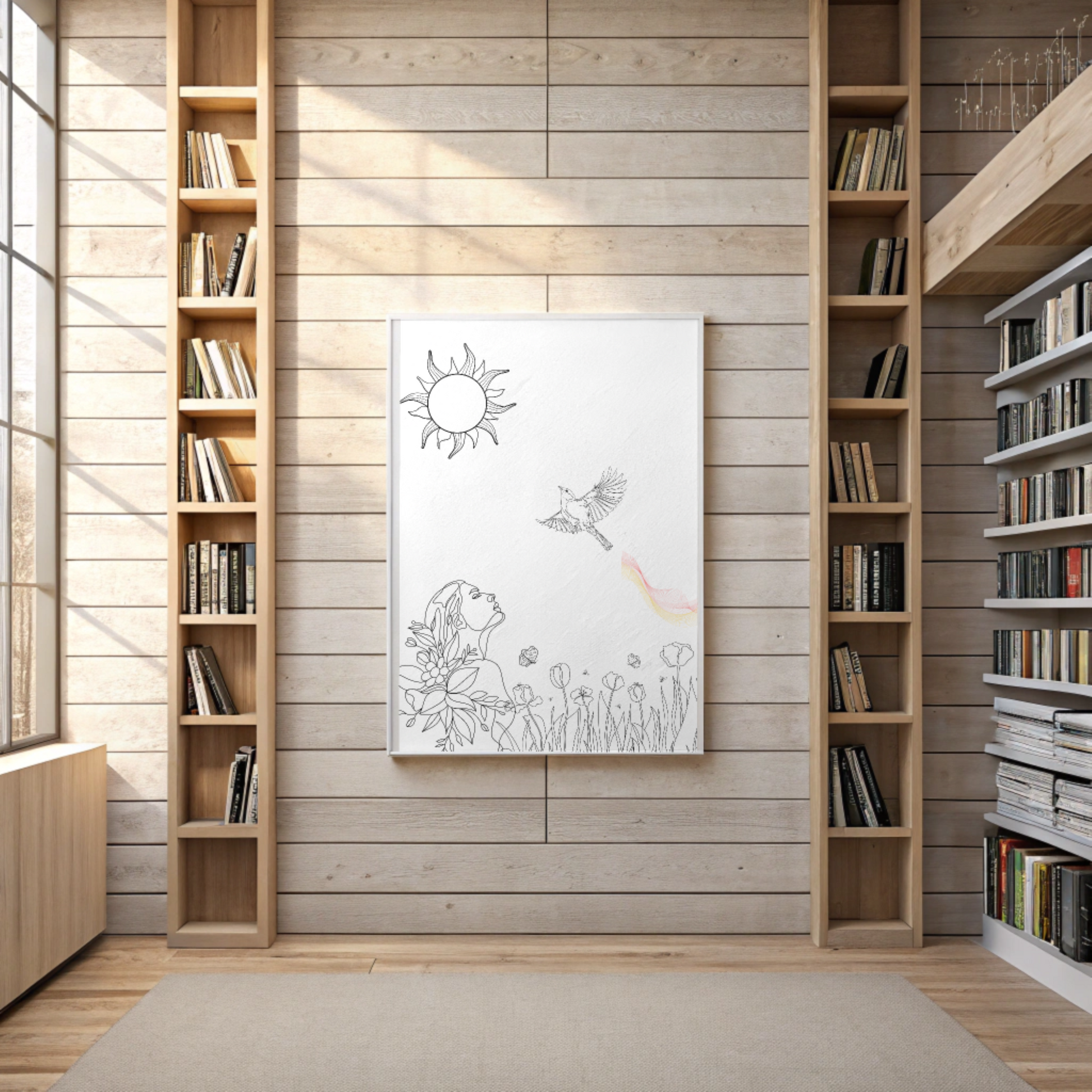Healing line art canvas print depicting a woman with flowers, a bird, and the sun on a wooden wall