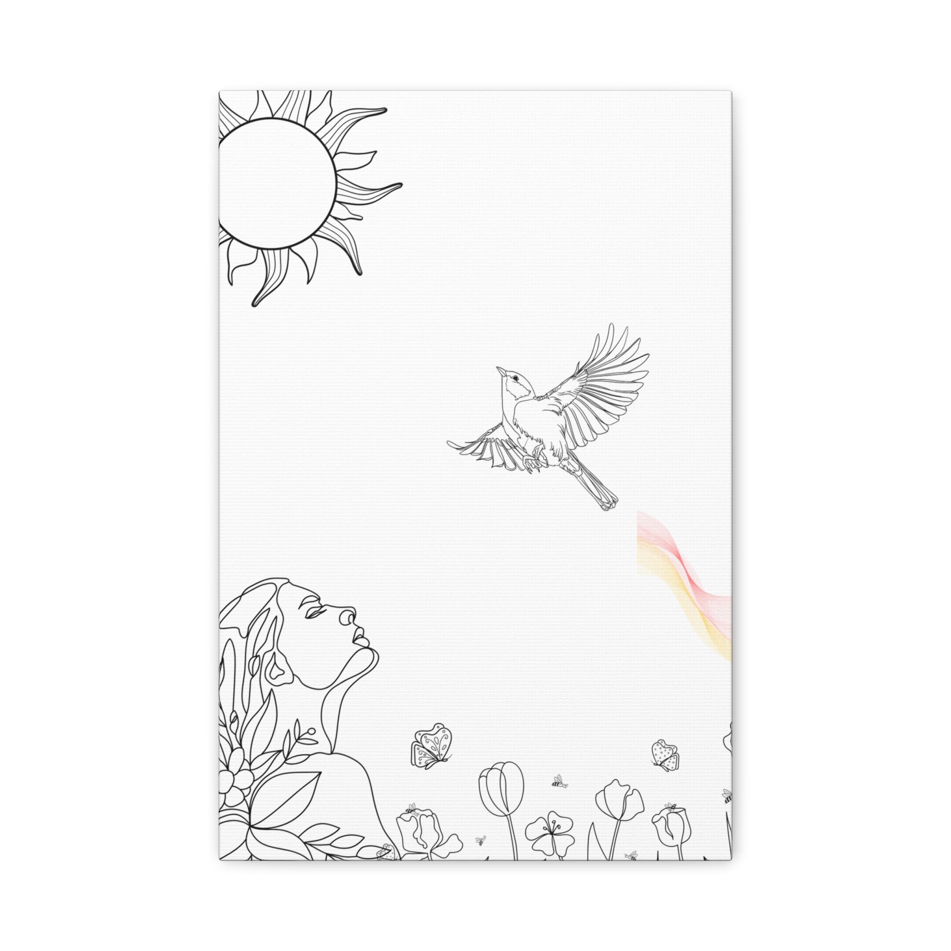 Healing line art canvas print with woman looking up, bird flying, sun, and flowers in black and white