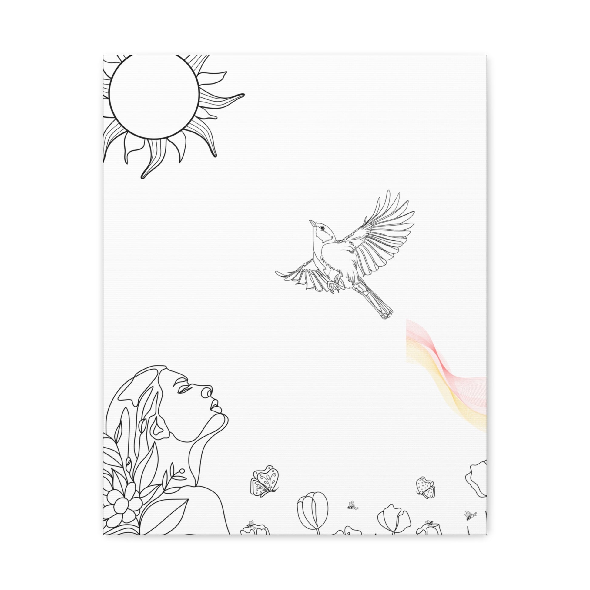Healing line art canvas print by Printify featuring minimalist woman, bird, sun, and floral designs