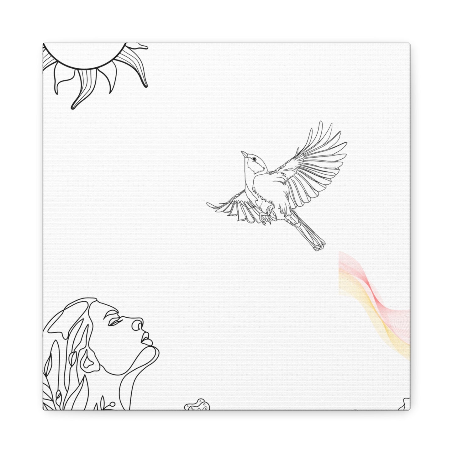 Healing line art canvas print from Printify featuring minimalistic face, bird in flight, and sun design