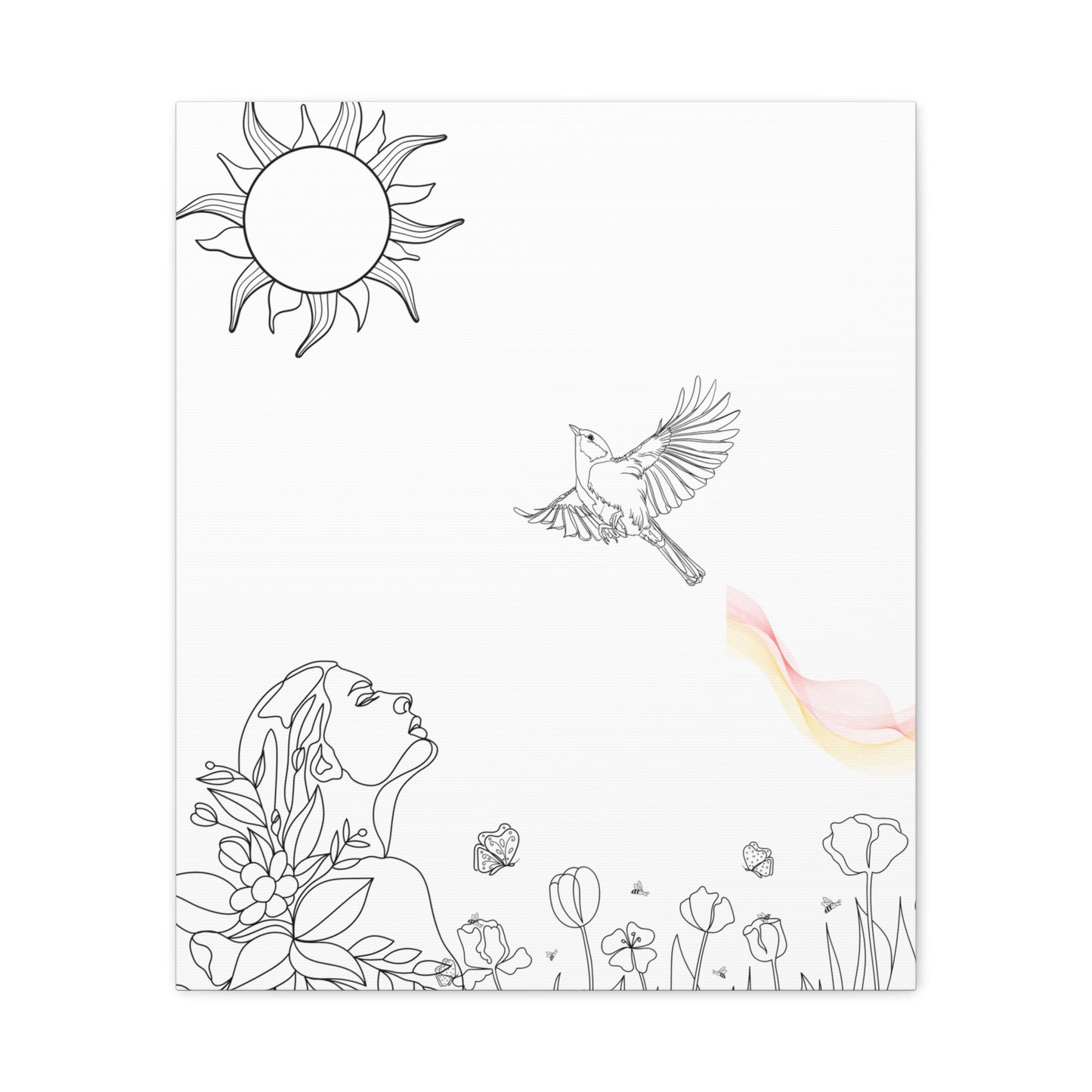Healing line art canvas print by Printify featuring a minimalist woman, bird, sun, and flowers in black and white