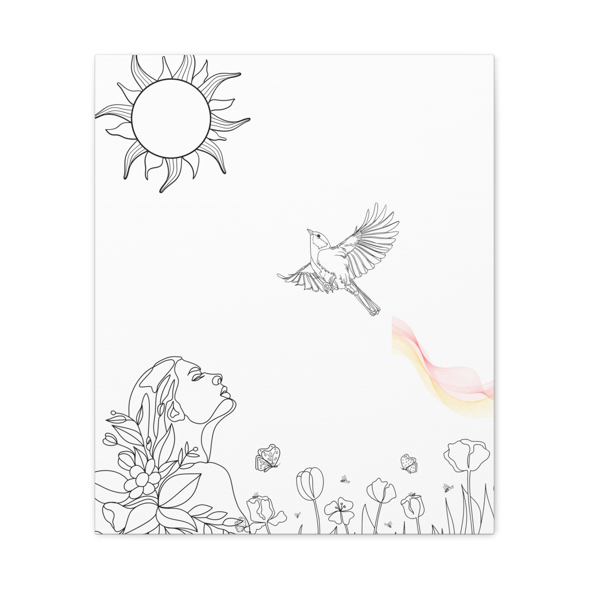 Healing line art canvas print by Printify featuring a minimalist woman, bird, sun, and flowers in black and white