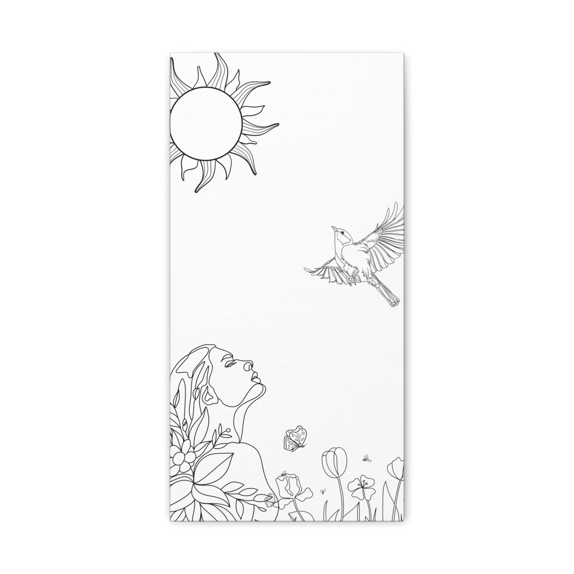 Healing line art canvas print featuring a minimalistic woman, sun, bird, and floral design from Printify
