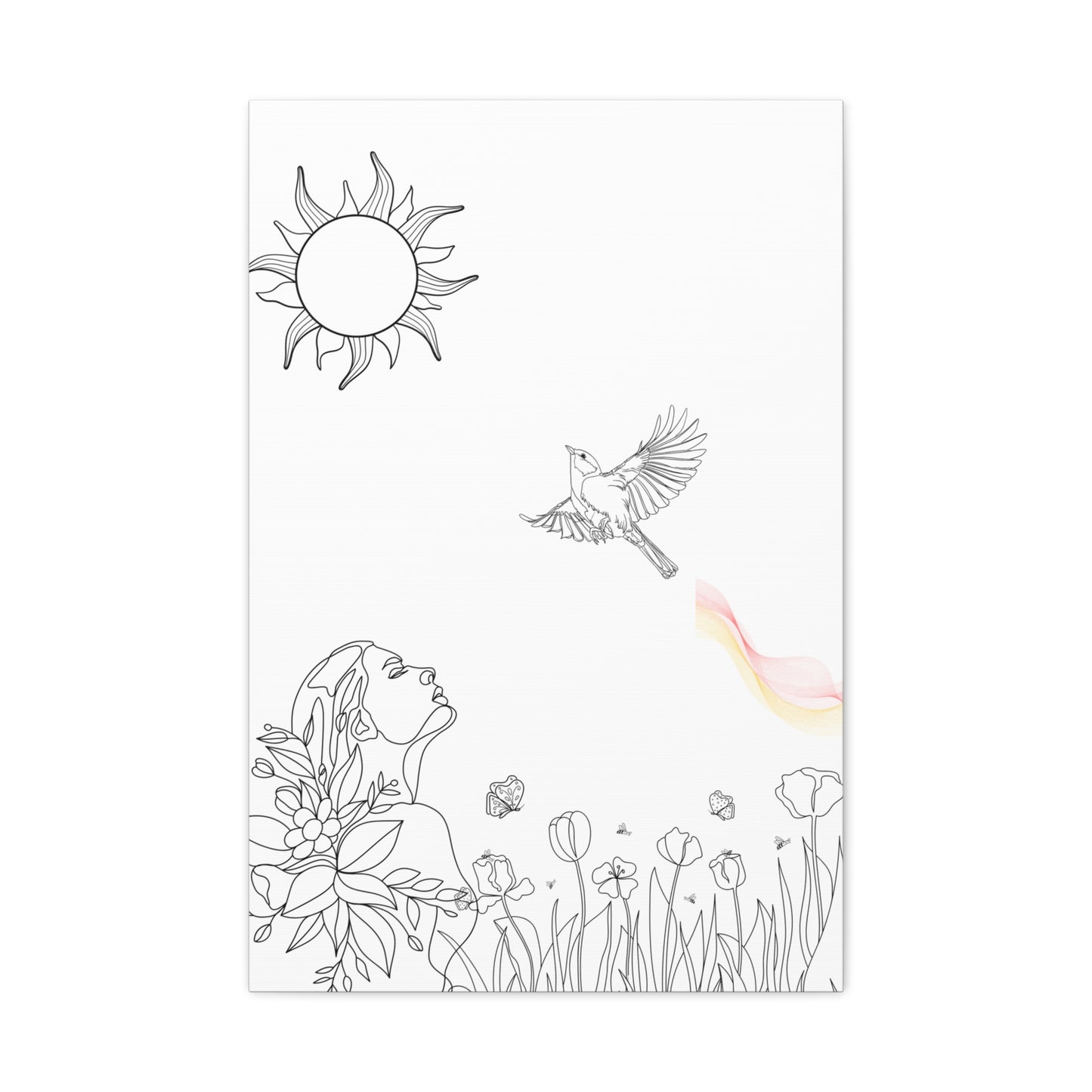 Healing line art canvas print featuring a woman, flowers, bird, and sun in minimalist black and white design