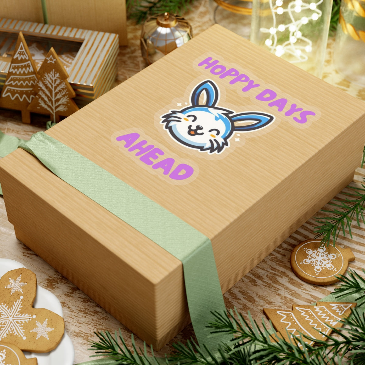 Hoppy days cute bunny sticker on a kraft paper gift box with green ribbon and holiday decorations