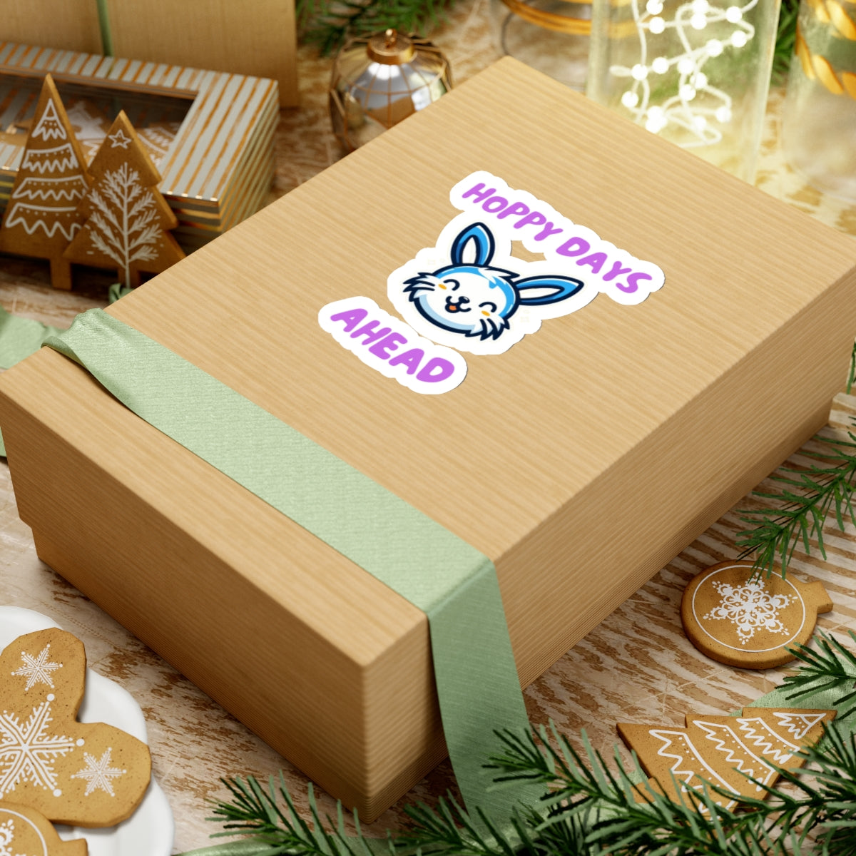 Hoppy days cute bunny sticker on a gift box with green ribbon surrounded by holiday decor