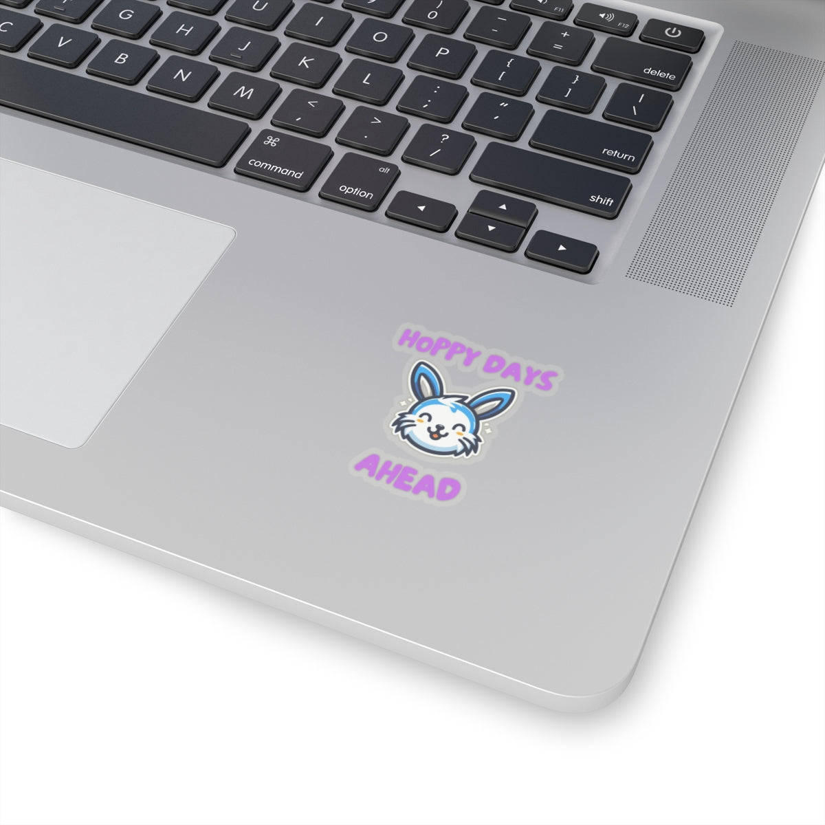 Hoppy days cute bunny sticker on silver laptop near keyboard from Printify paper products