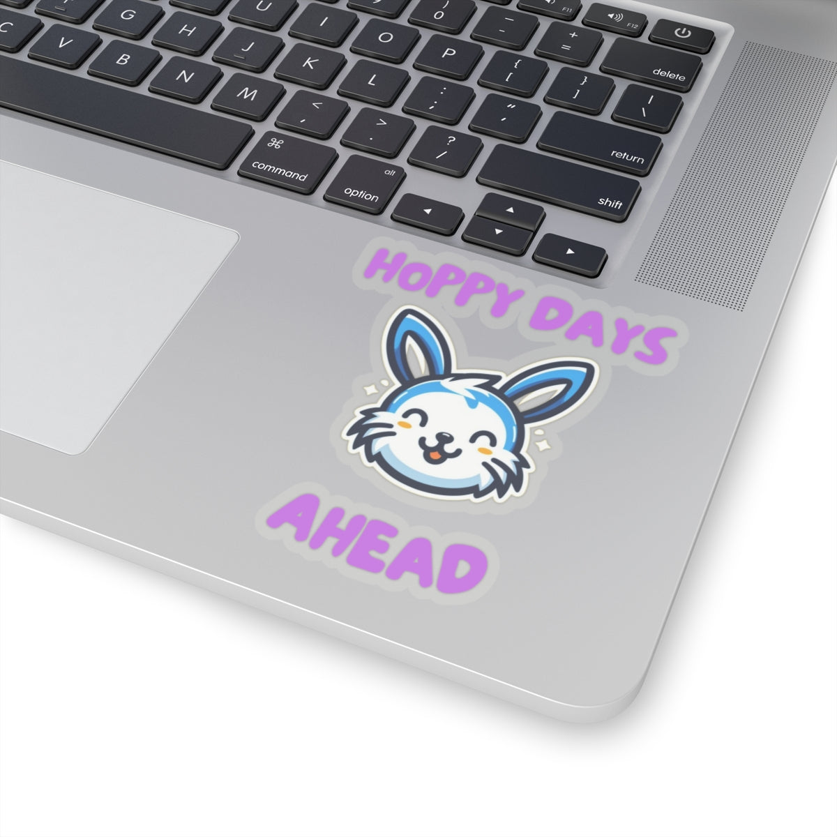 Hoppy days cute bunny sticker on silver laptop near keyboard by Printify