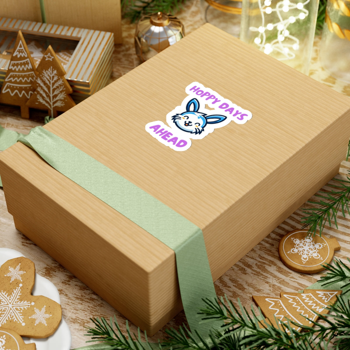 Brown gift box with green ribbon featuring hoppy days cute bunny sticker surrounded by holiday decorations