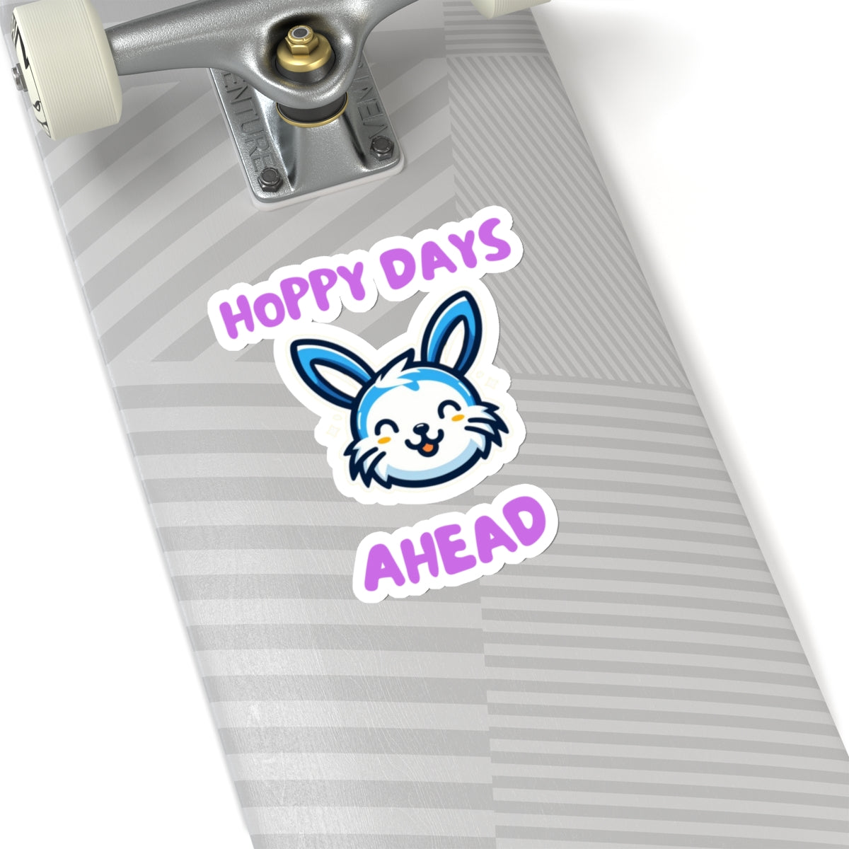 Hoppy days cute bunny sticker with blue bunny face on gray skateboard deck from Printify