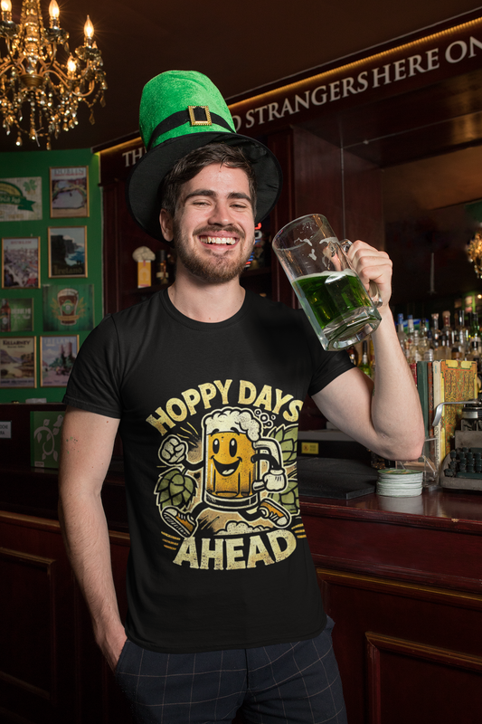 Man in pub wearing Printify black funny beer lover hoppy days ahead  t-shirt holding green beer mug and leprechaun hat