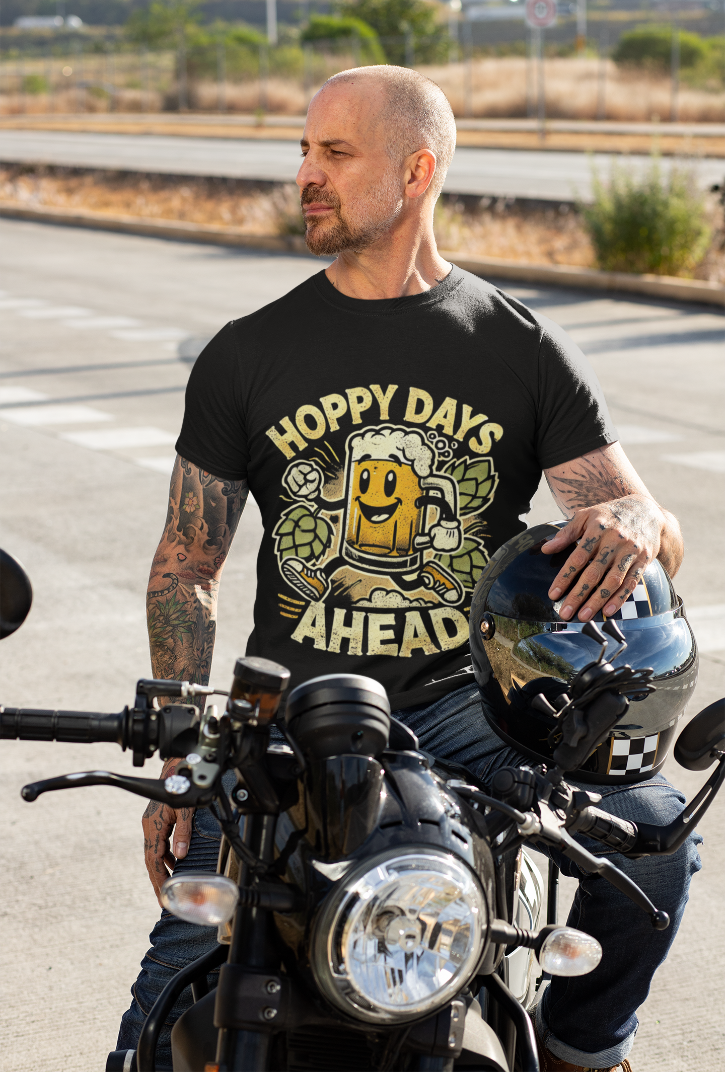 Biker on motorcycle wearing black graphic t shirt with beer mug and hops and slogan funny beer lover hoppy days ahead  t-shirt