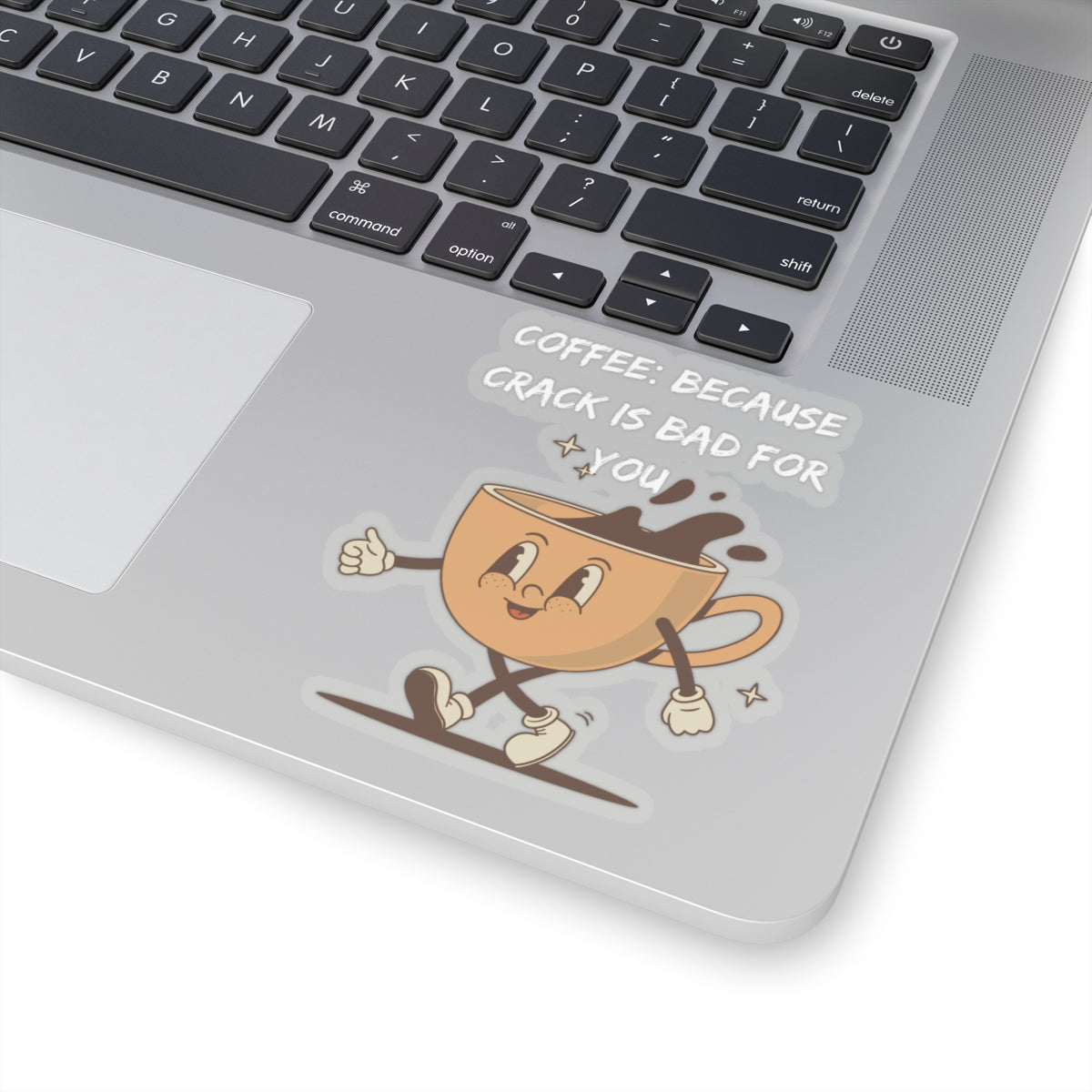 Printify humor kiss-cut sticker of a cheerful coffee cup with coffee splash on laptop corner