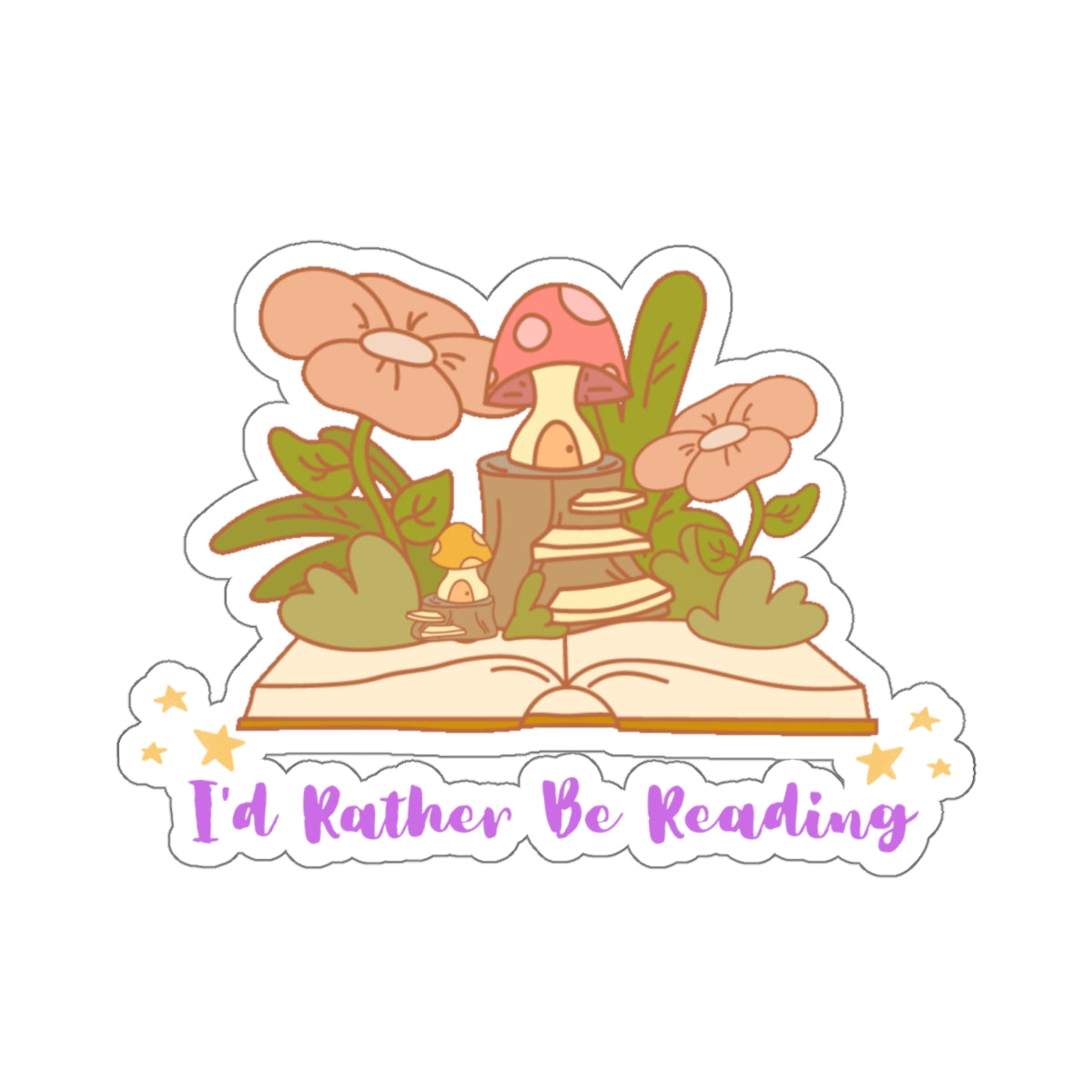 I'd rather be reading cute book lover sticker with open book, mushrooms, and flowers illustration