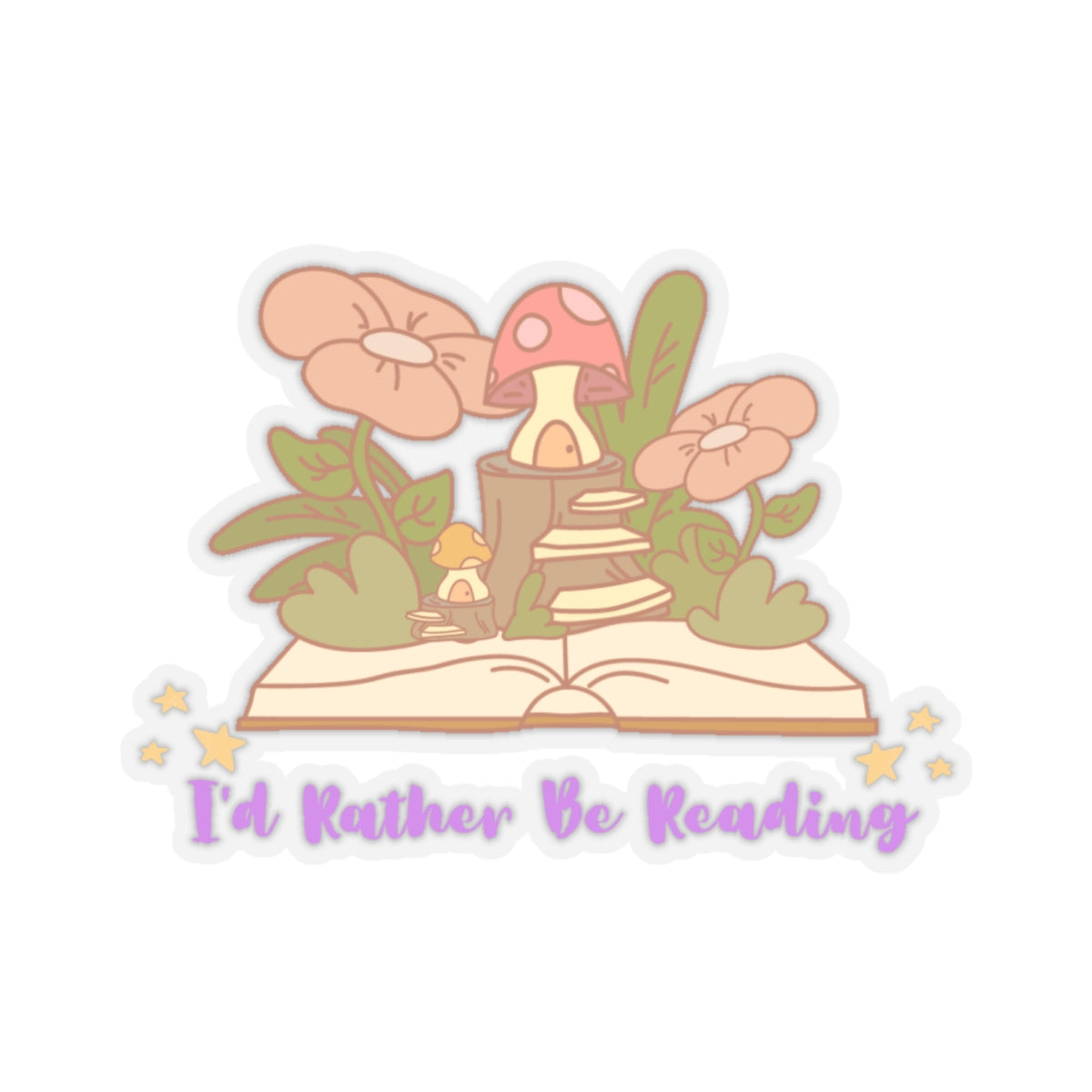 I'd rather be reading cute book lover sticker with mushrooms and flowers on an open book