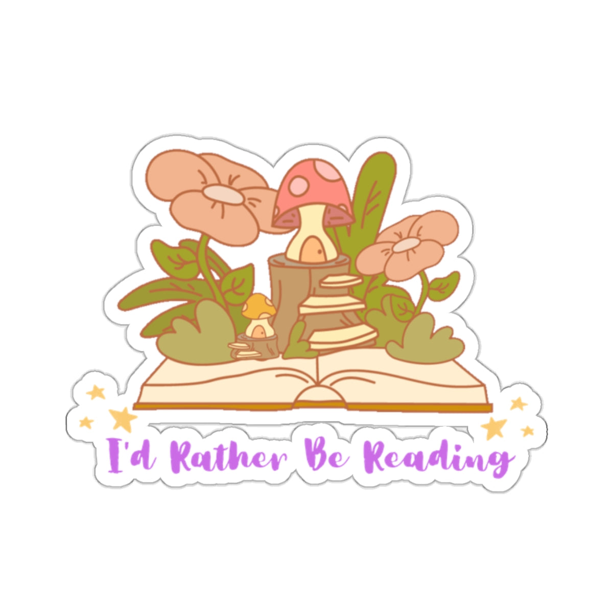 I'd rather be reading cute book lover sticker featuring open book with flowers and mushrooms design