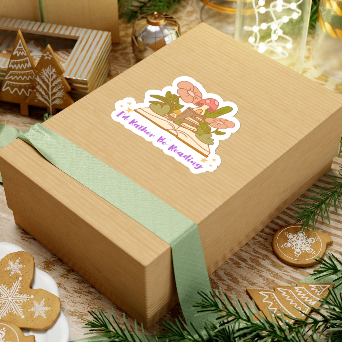 I'd rather be reading cute book lover sticker on a gift box with holiday decorations