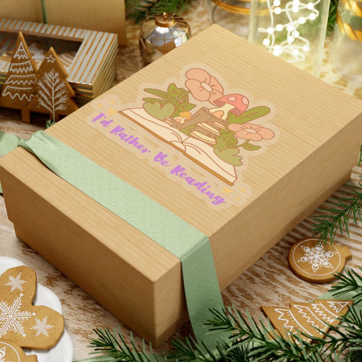 Printify gift box with I'd rather be reading cute book lover sticker featuring flowers and mushrooms