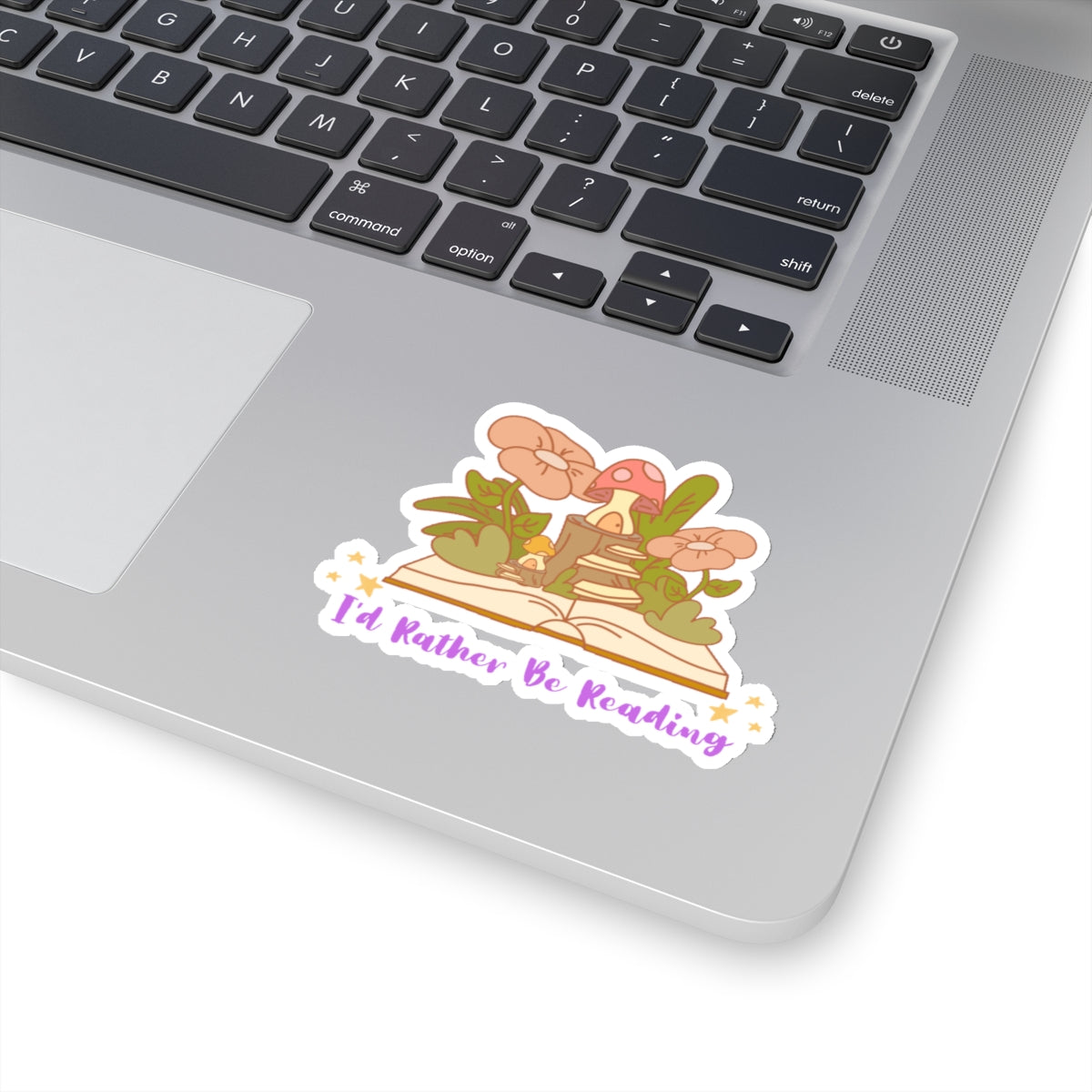 I'd rather be reading cute book lover sticker with flowers and mushrooms on laptop keyboard area
