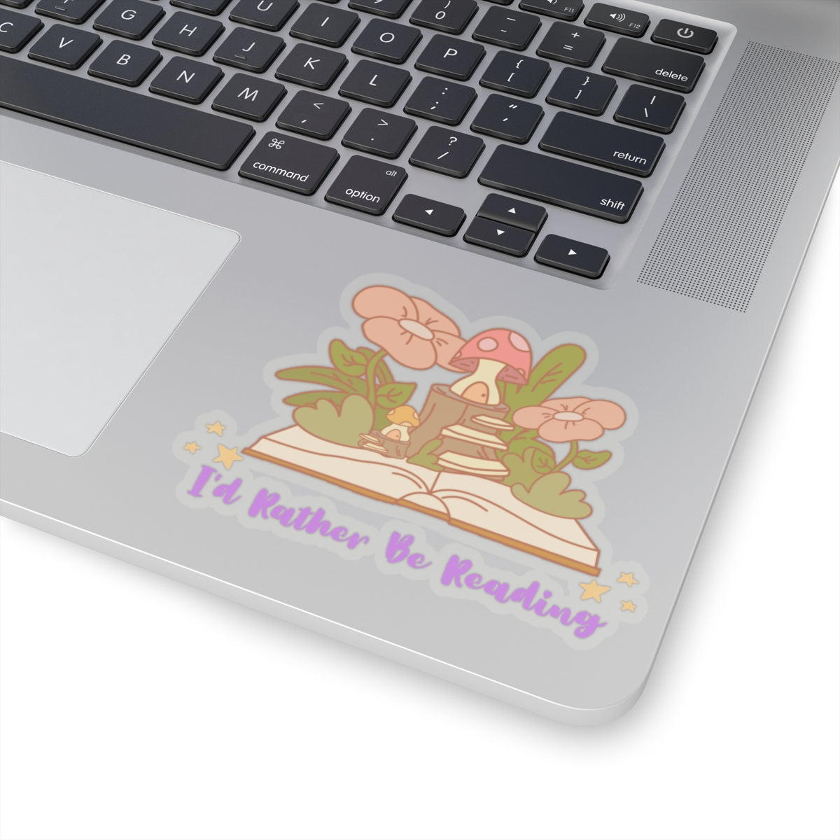 I'd rather be reading cute book lover sticker with mushrooms and flowers on laptop surface