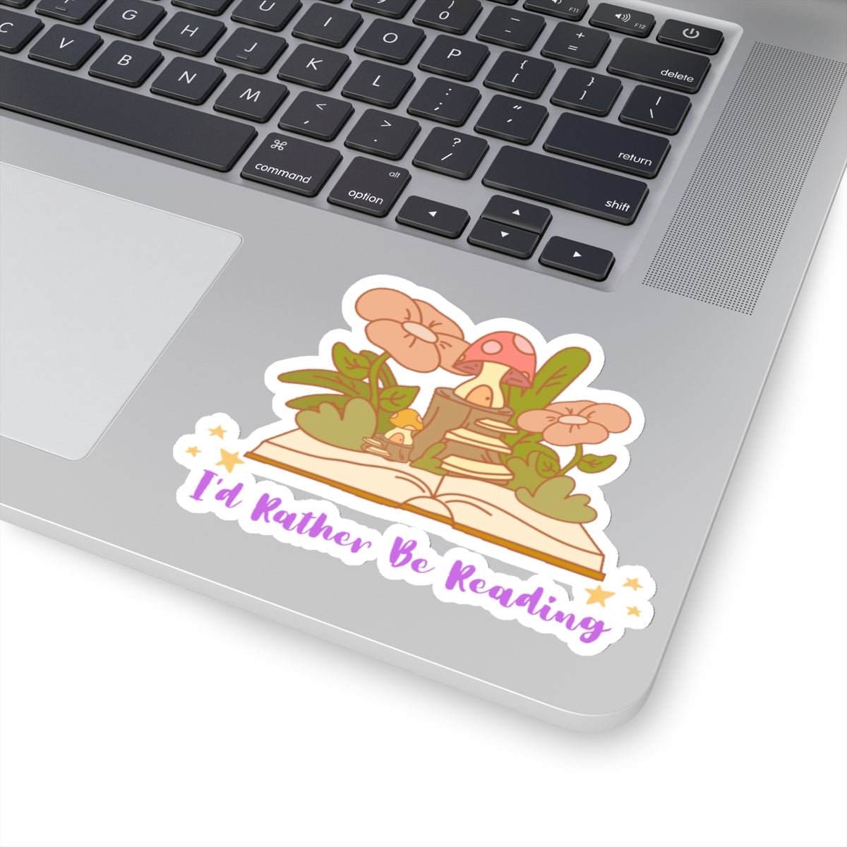 I'd rather be reading cute book lover sticker with mushrooms and plants on open book on laptop