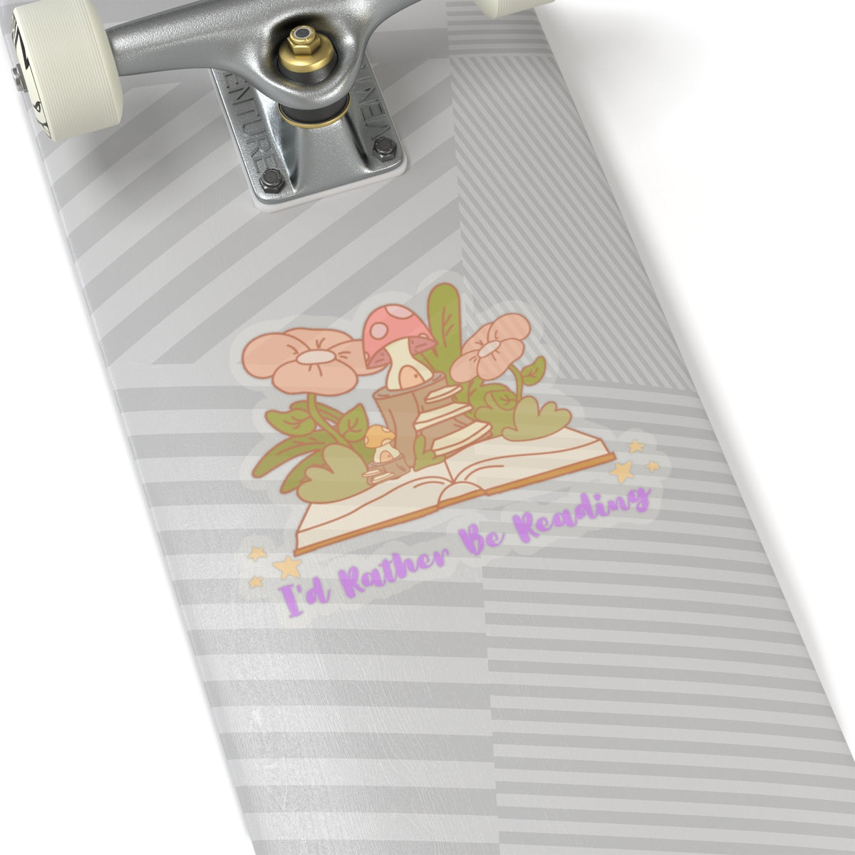 I'd rather be reading cute book lover sticker with flowers and mushroom on gray striped skateboard