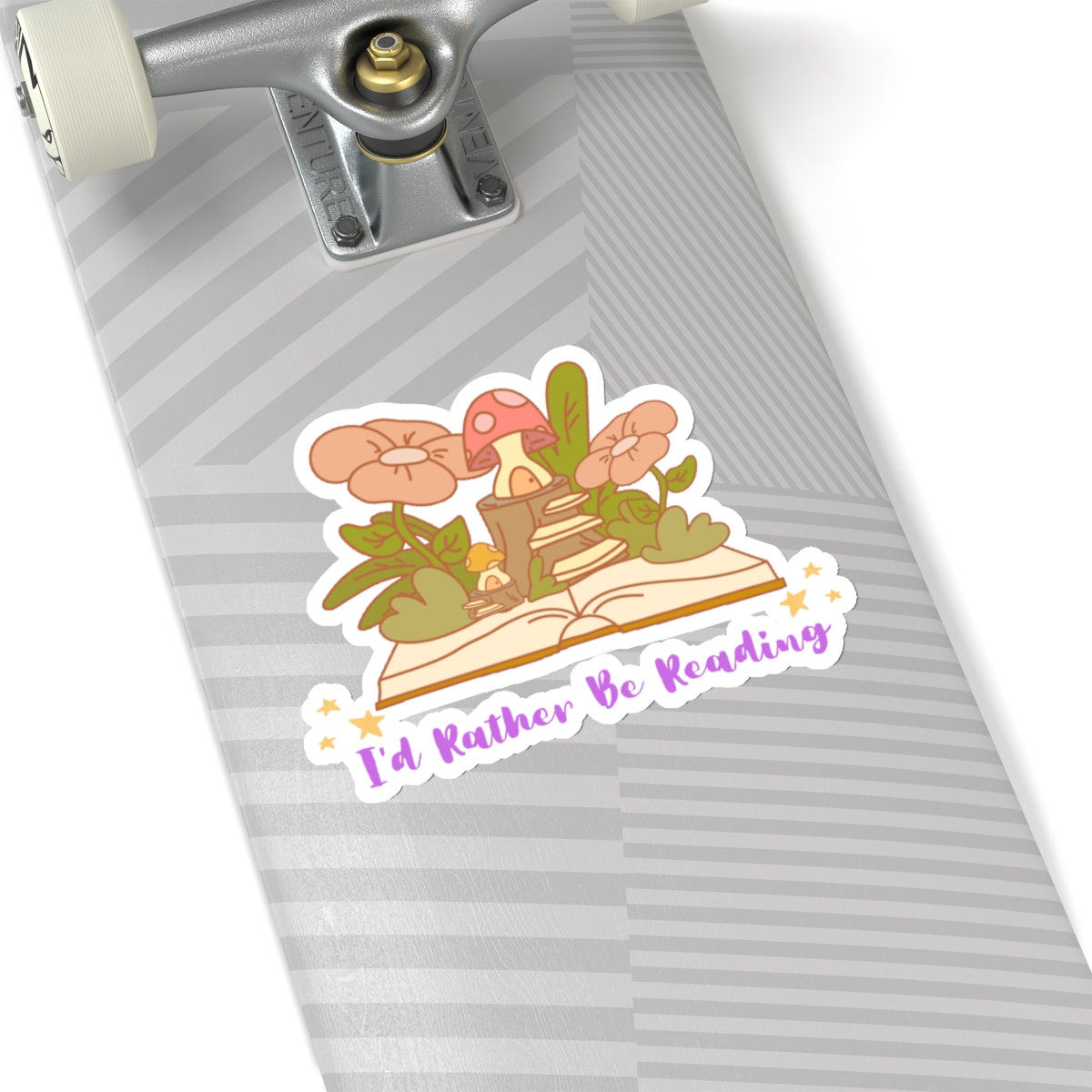 I'd rather be reading cute book lover sticker with flowers and mushroom on open book on skateboard